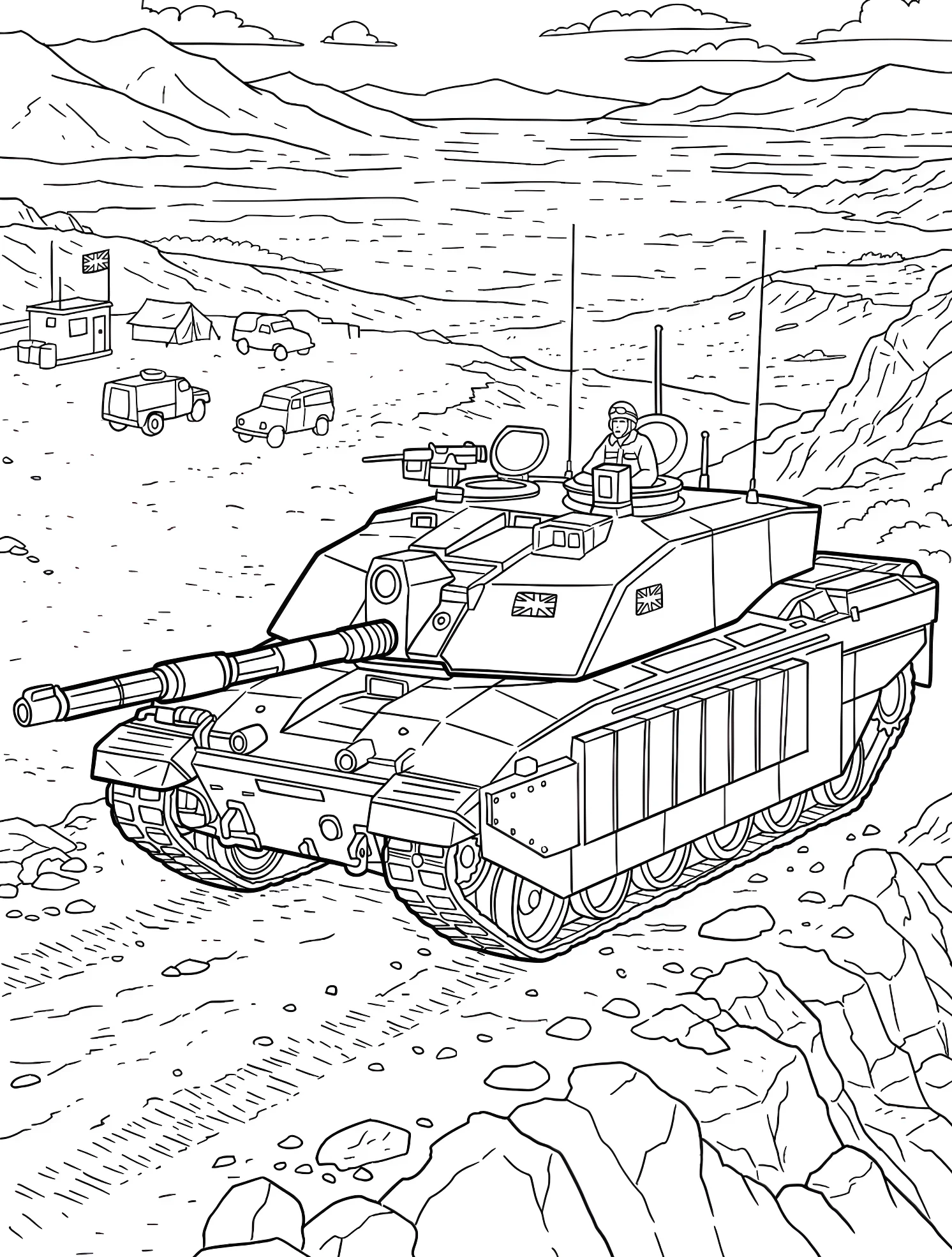 Военный танк на горной местности №7555. Раскраски для мальчиков по категориям. Танк (Tank).