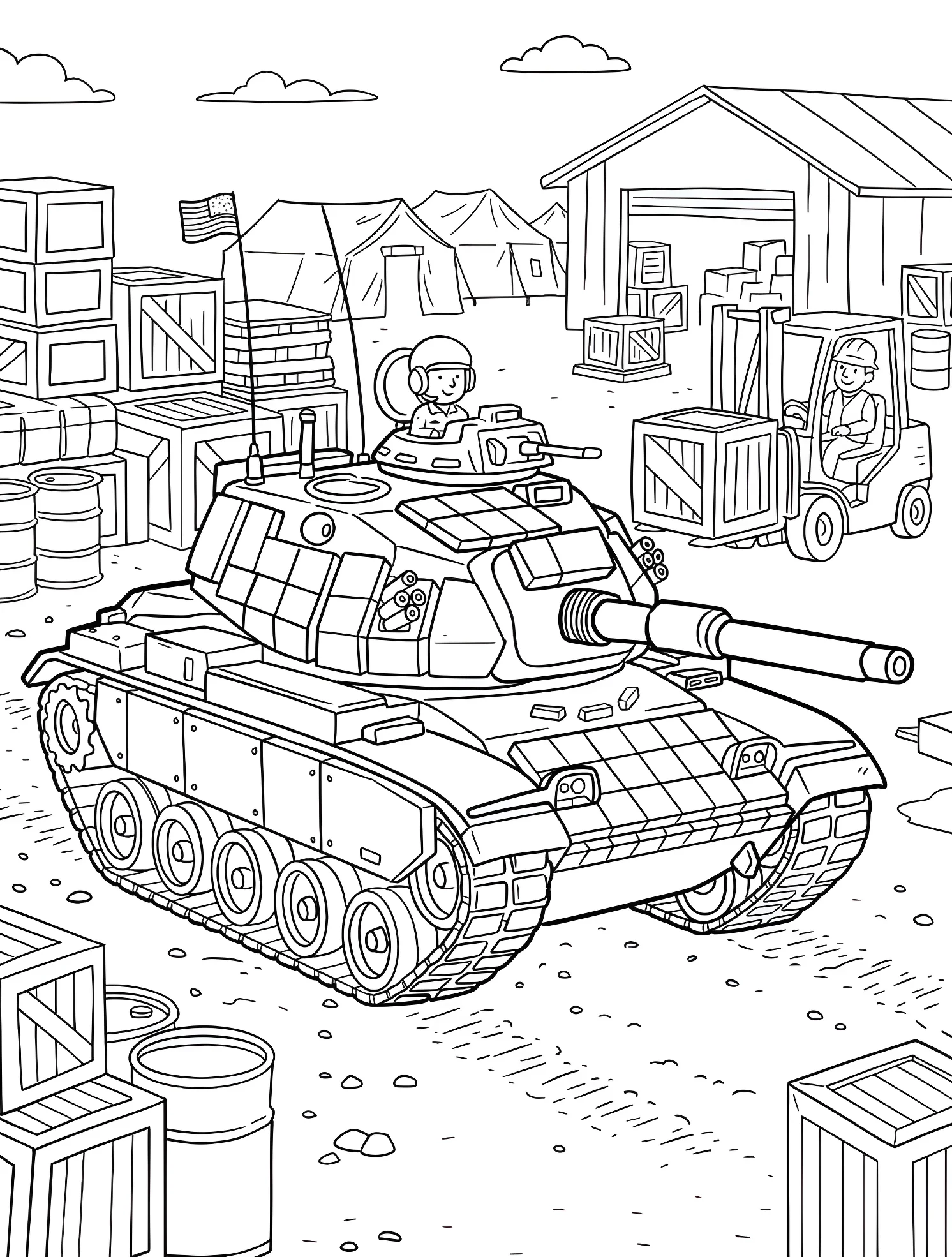 Военный танк на складе №7552. Раскраски для мальчиков по категориям. Танк (Tank).