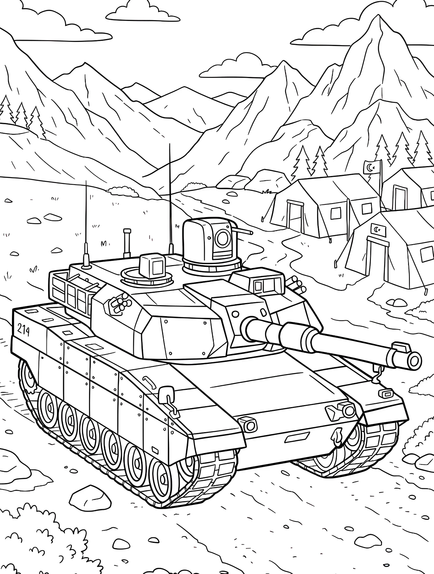 Военный танк на горном полигоне №7556. Раскраски для мальчиков по категориям. Танк (Tank).