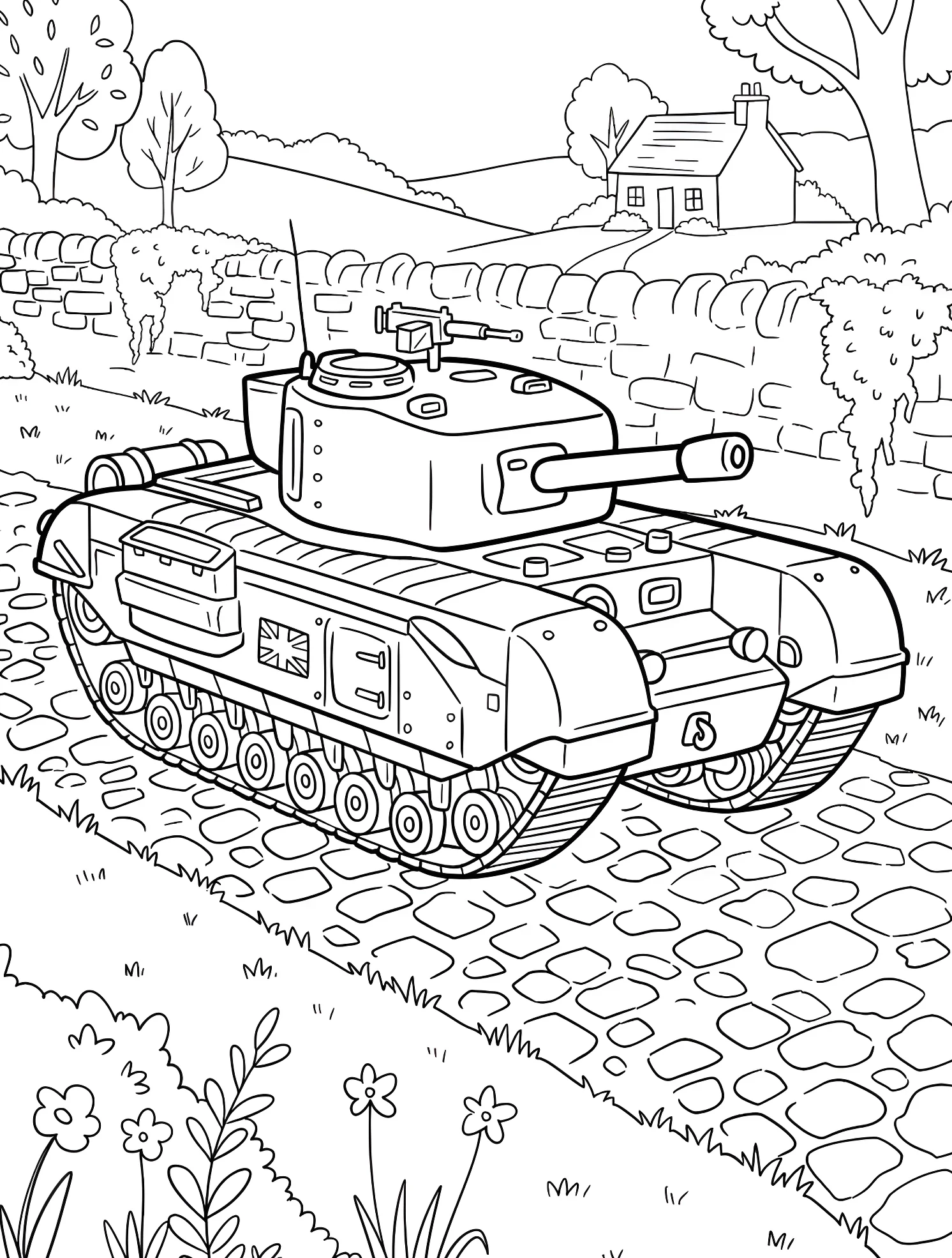 Военный танк на фоне сельской местности №7562. Раскраски для мальчиков по категориям. Танк (Tank).