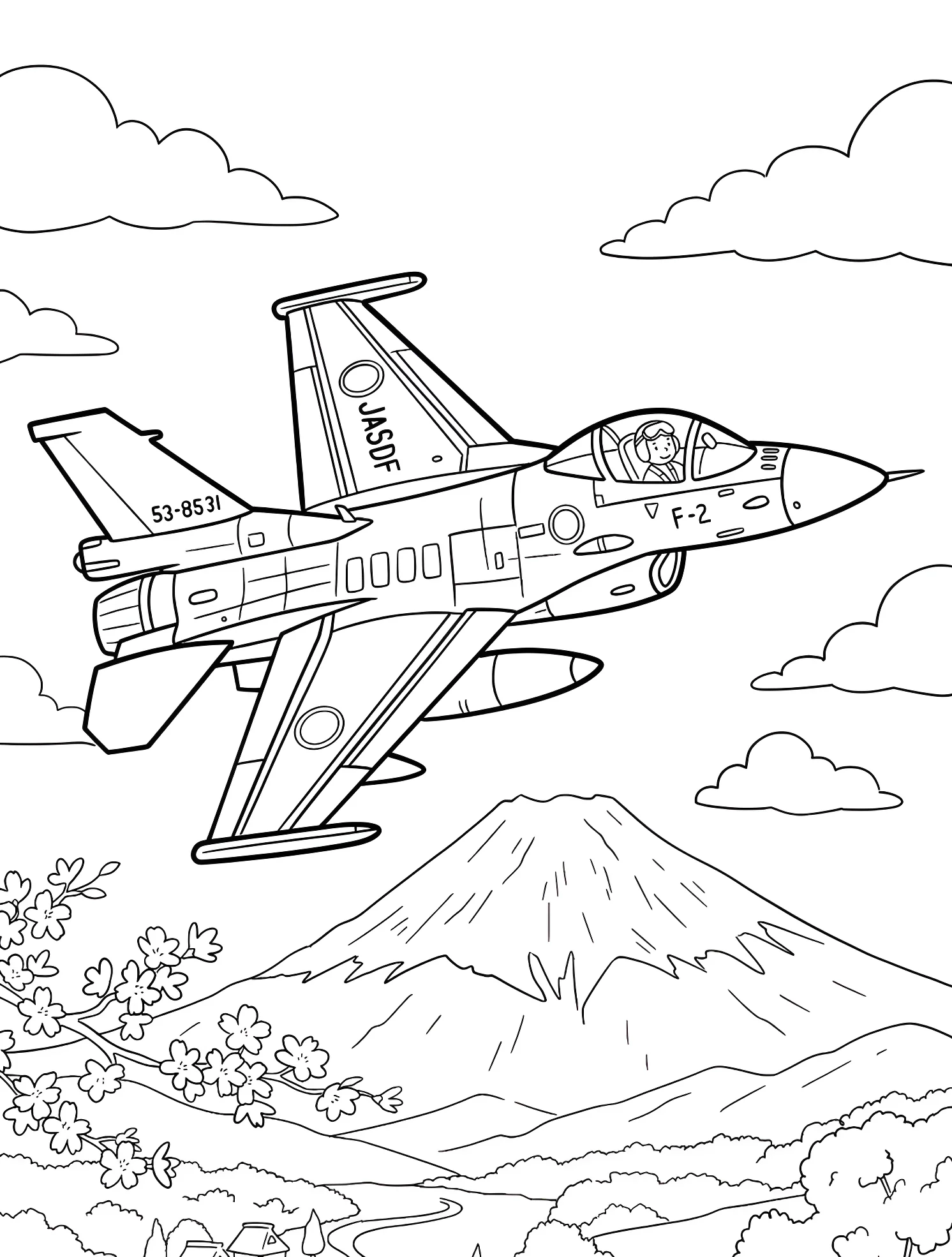 Японский истребитель Mitsubishi F-2 №6444. Раскраски для мальчиков по категориям. Самолёт (Jet).