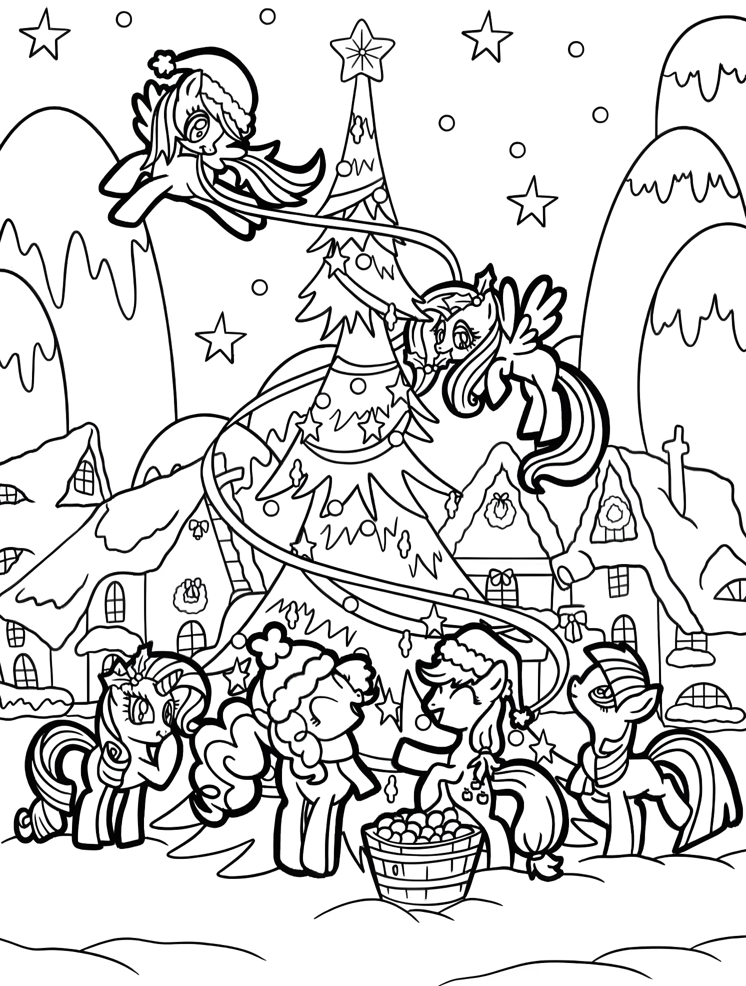 Веселые пони украшают новогоднюю елку №5304. Раскраски для мальчиков по категориям. Рождество (Christmas).
