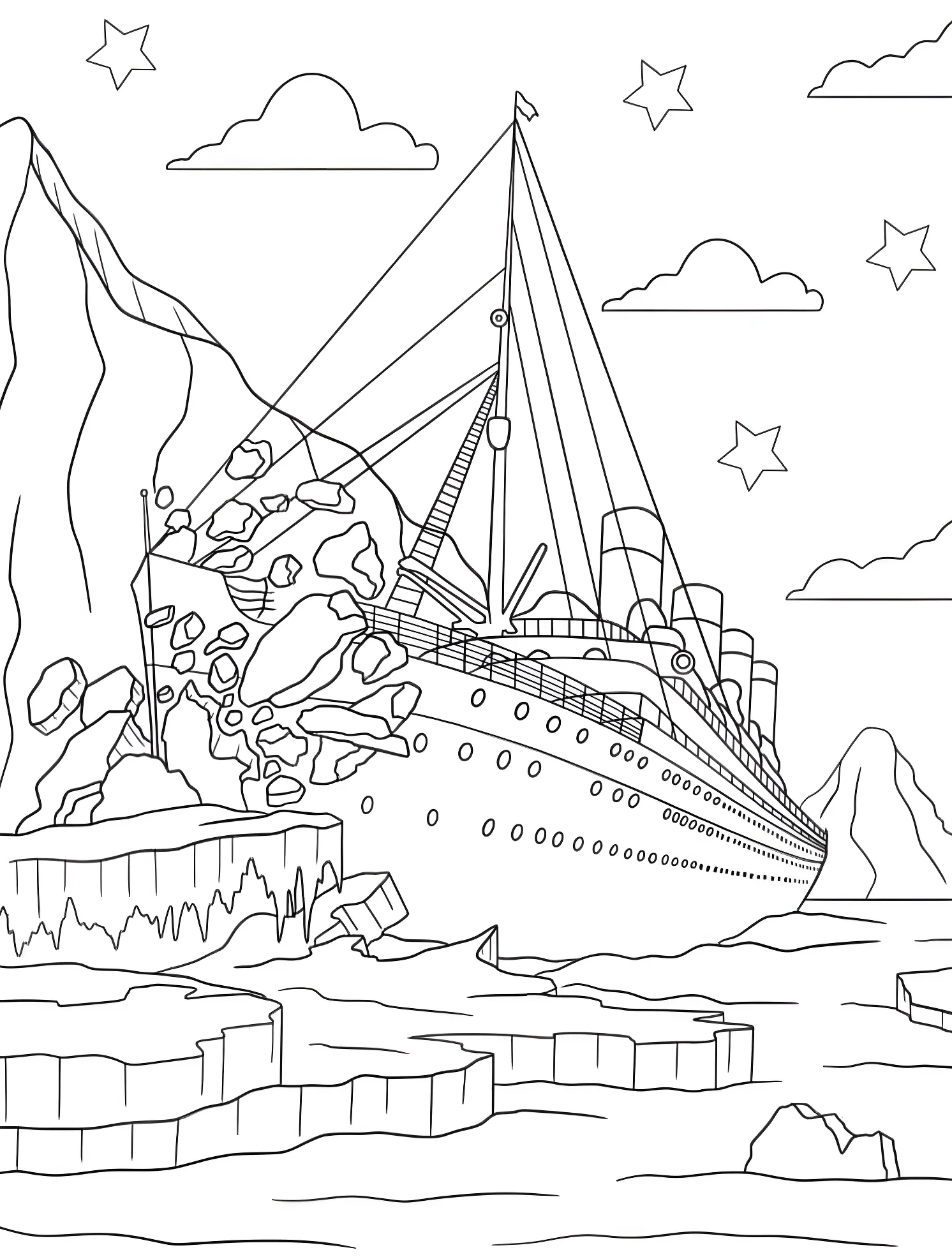 Титаник и айсберг №7709. Раскраски для мальчиков по категориям. Титаник (Titanic).