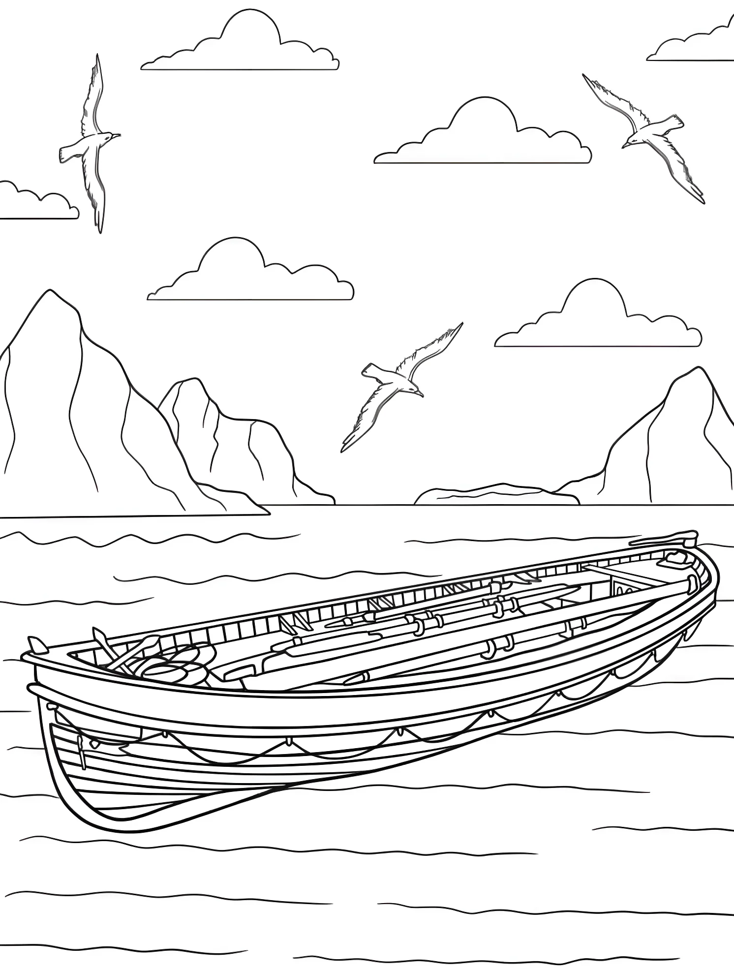 Лодка в море с чайками №7710. Раскраски для мальчиков по категориям. Титаник (Titanic).