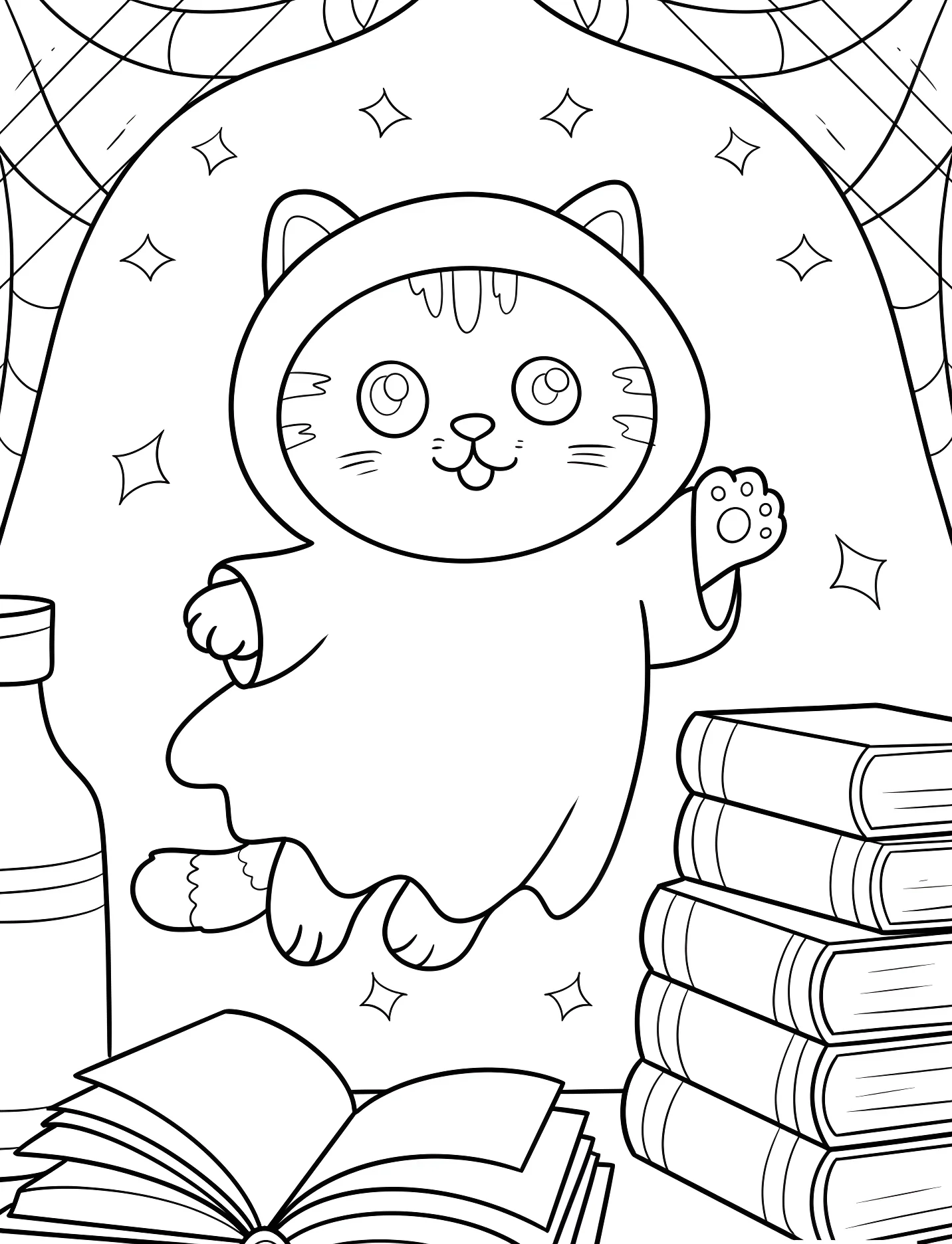 Милый котенок на Хэллоуин среди книг №16899. Хэллоуин (Halloween). Хэллоуинские кошки.