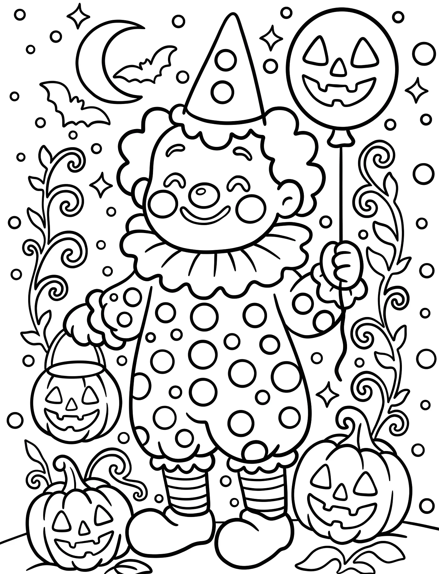 Забавный клоун с тыквами и летучими мышами №16609. Хэллоуин (Halloween). Клоуны.