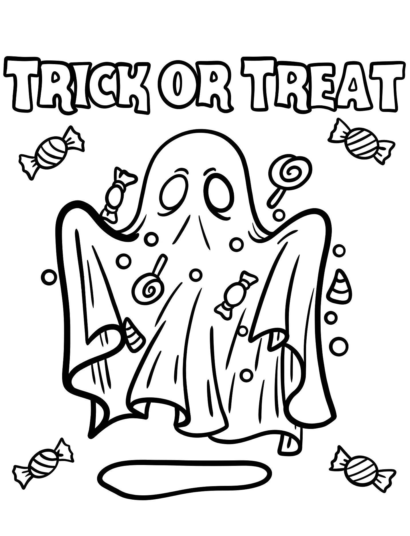 Забавный призрак с конфетами для детей №17654. Хэллоуин (Halloween). Кошелек или жизнь.