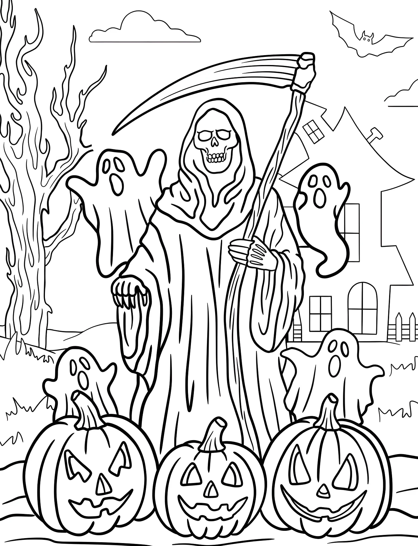 Жуткий серфер с тыквами и привидениями №16857. Хэллоуин (Halloween). Мрачный жнец.