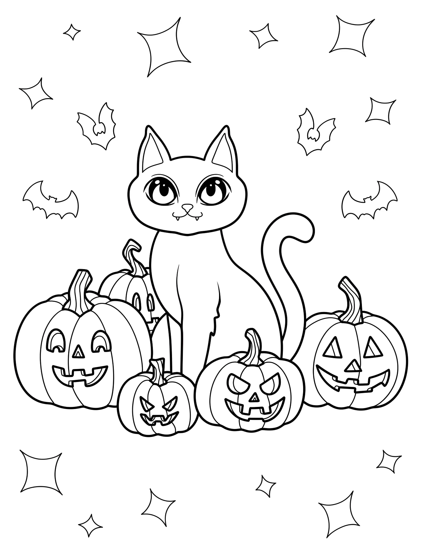 Милый кот среди тыкв для детей №17415. Хэллоуин (Halloween). Тыквы.