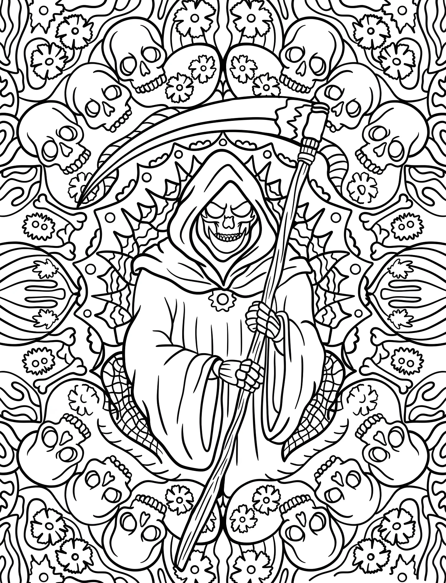 Смерть с косой в мандале с черепами №16861. Хэллоуин (Halloween). Мрачный жнец.