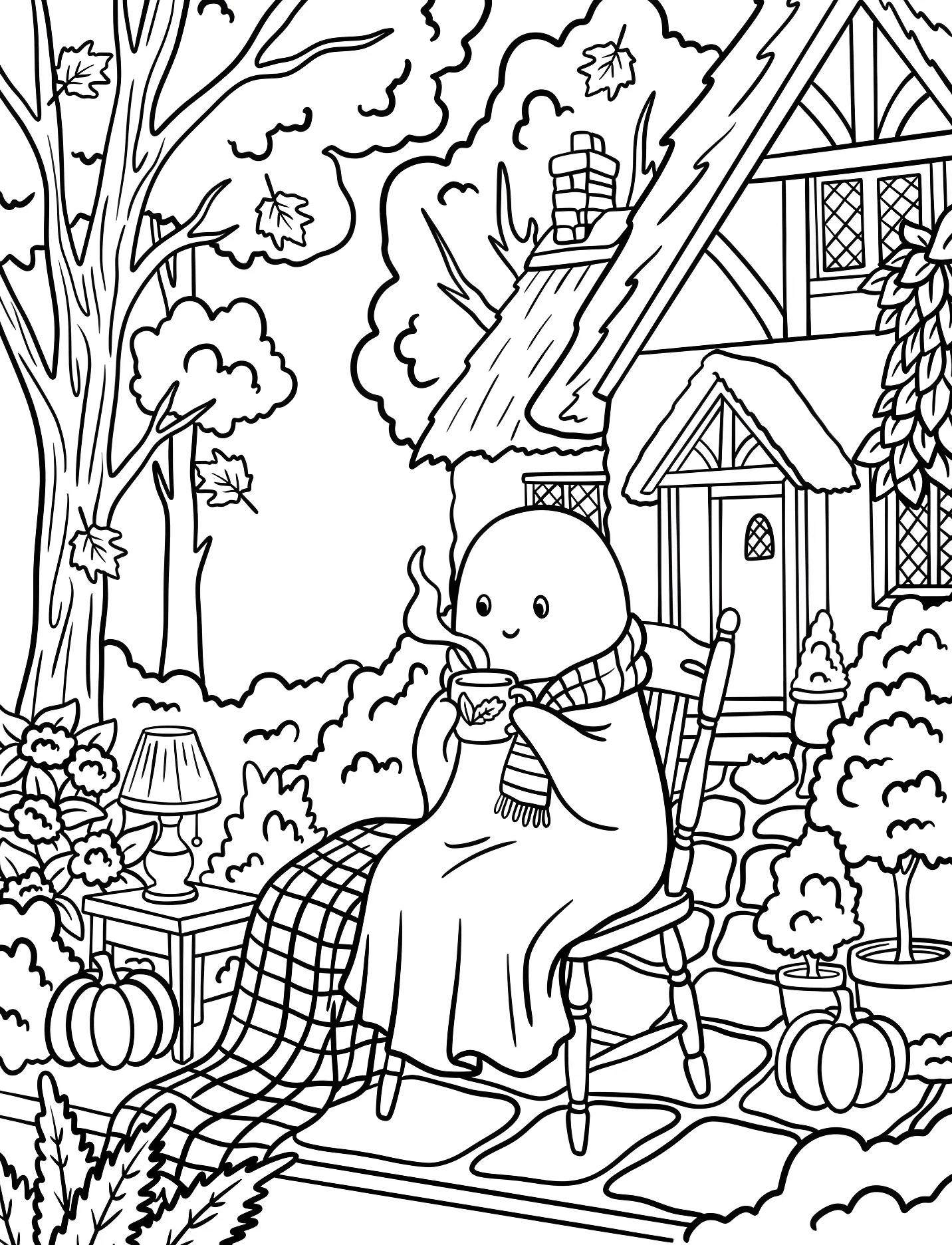 Милый призрак пьет чай осенью №16762. Хэллоуин (Halloween). Привидения.