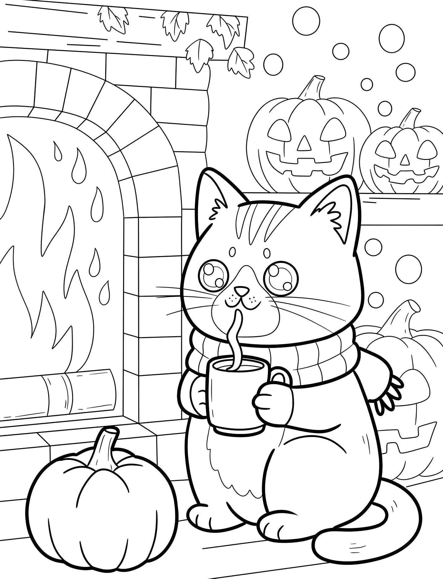 Милый котенок в шарфе с горячим напитком №16901. Хэллоуин (Halloween). Хэллоуинские кошки.