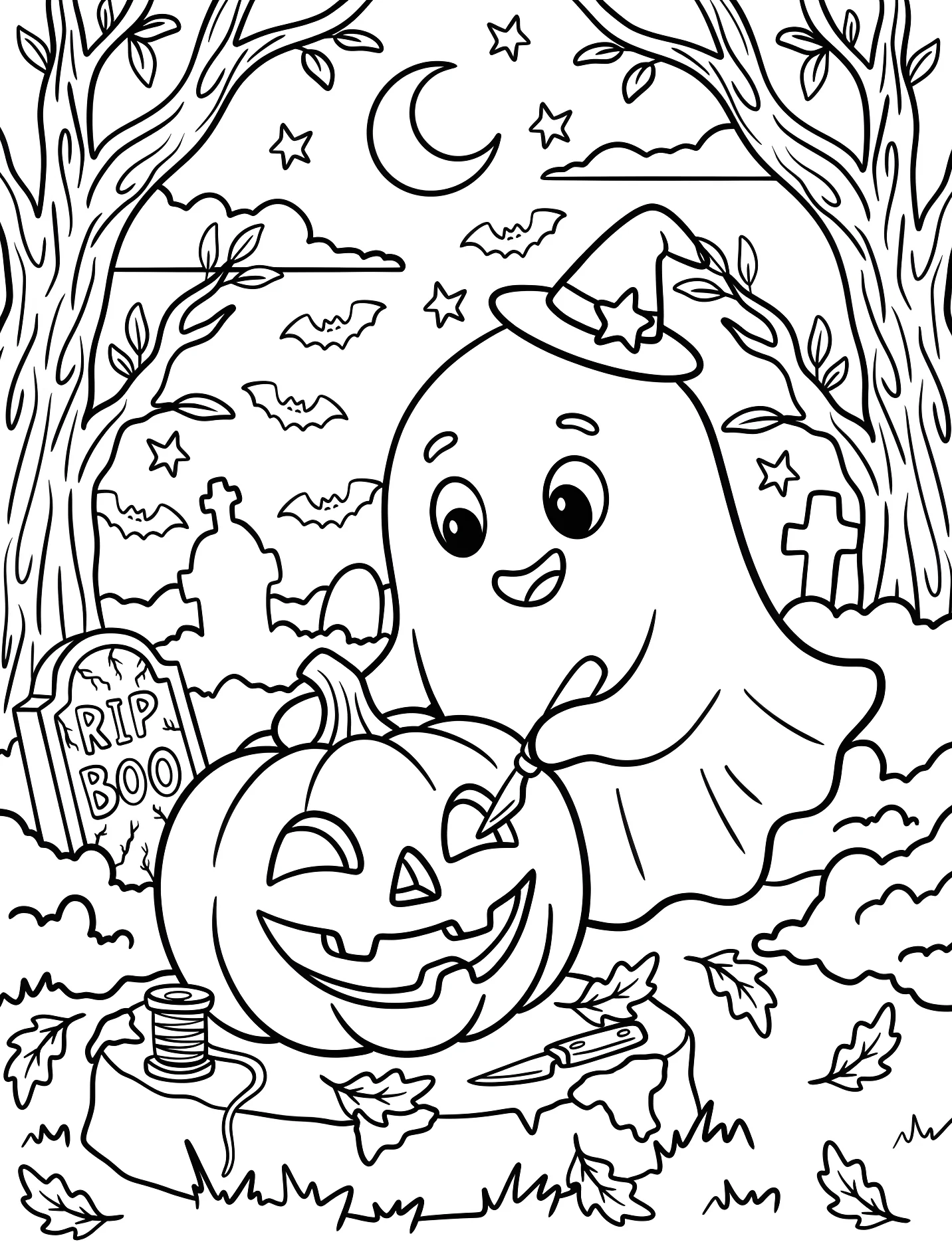 Забавный призрак вырезает тыкву для детей №16763. Хэллоуин (Halloween). Привидения.