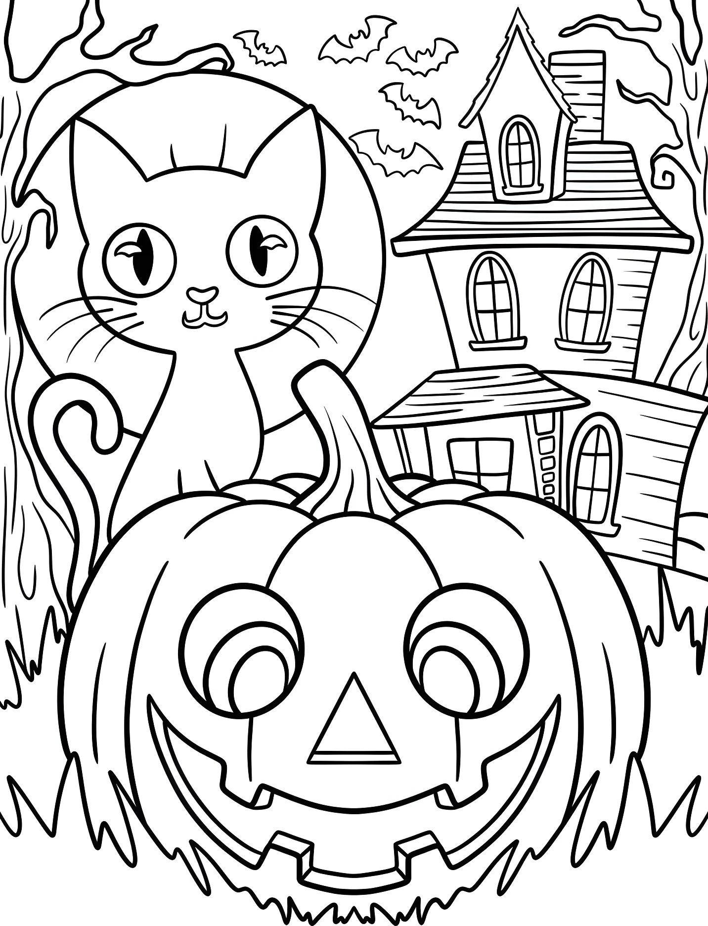 Милый котенок на Хэллоуин с тыквой и домом №17107. Хэллоуин (Halloween). Светильники Джека.