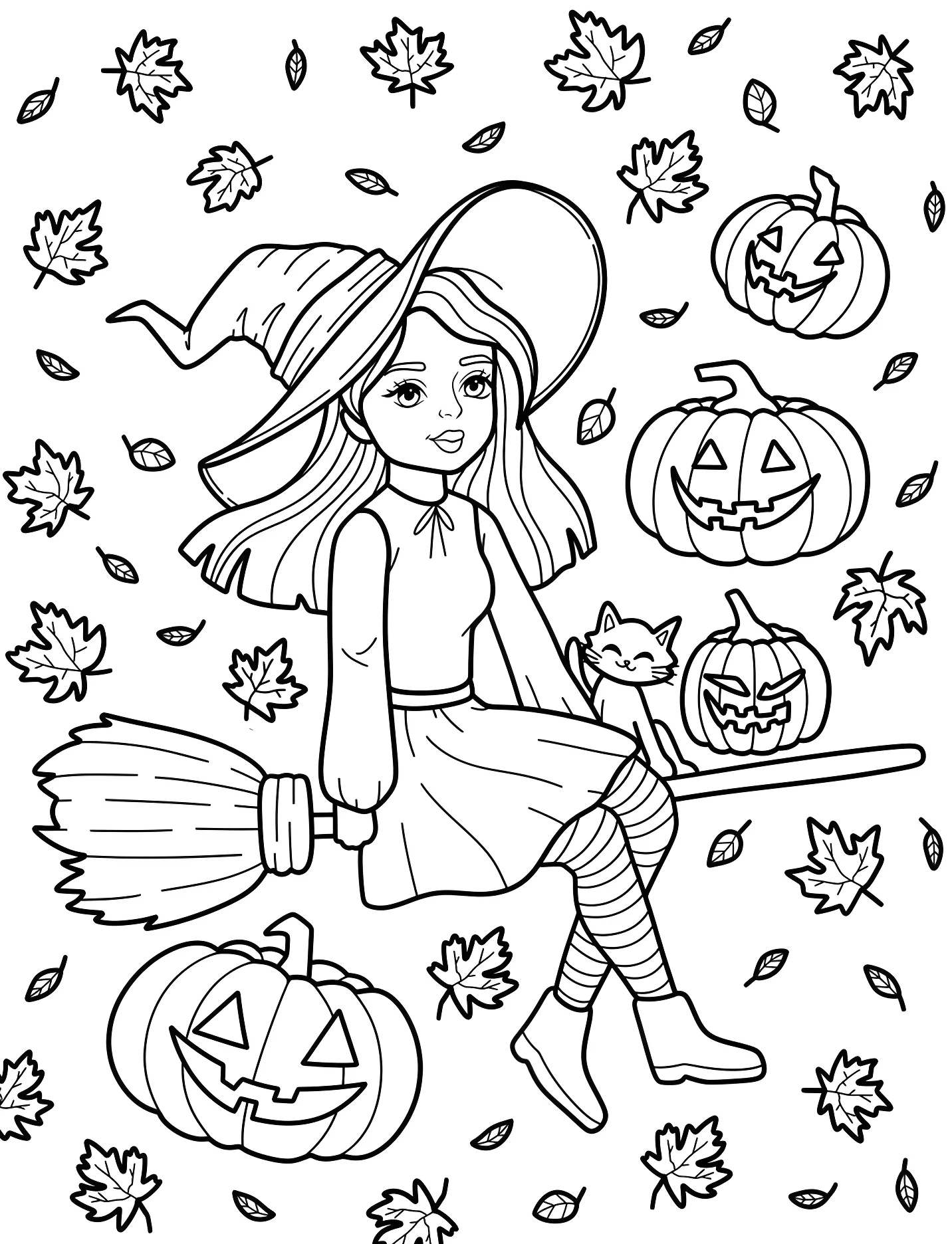 Милая ведьма летит на метле с тыквами и листьями №17802. Хэллоуин (Halloween). Ведьмы.