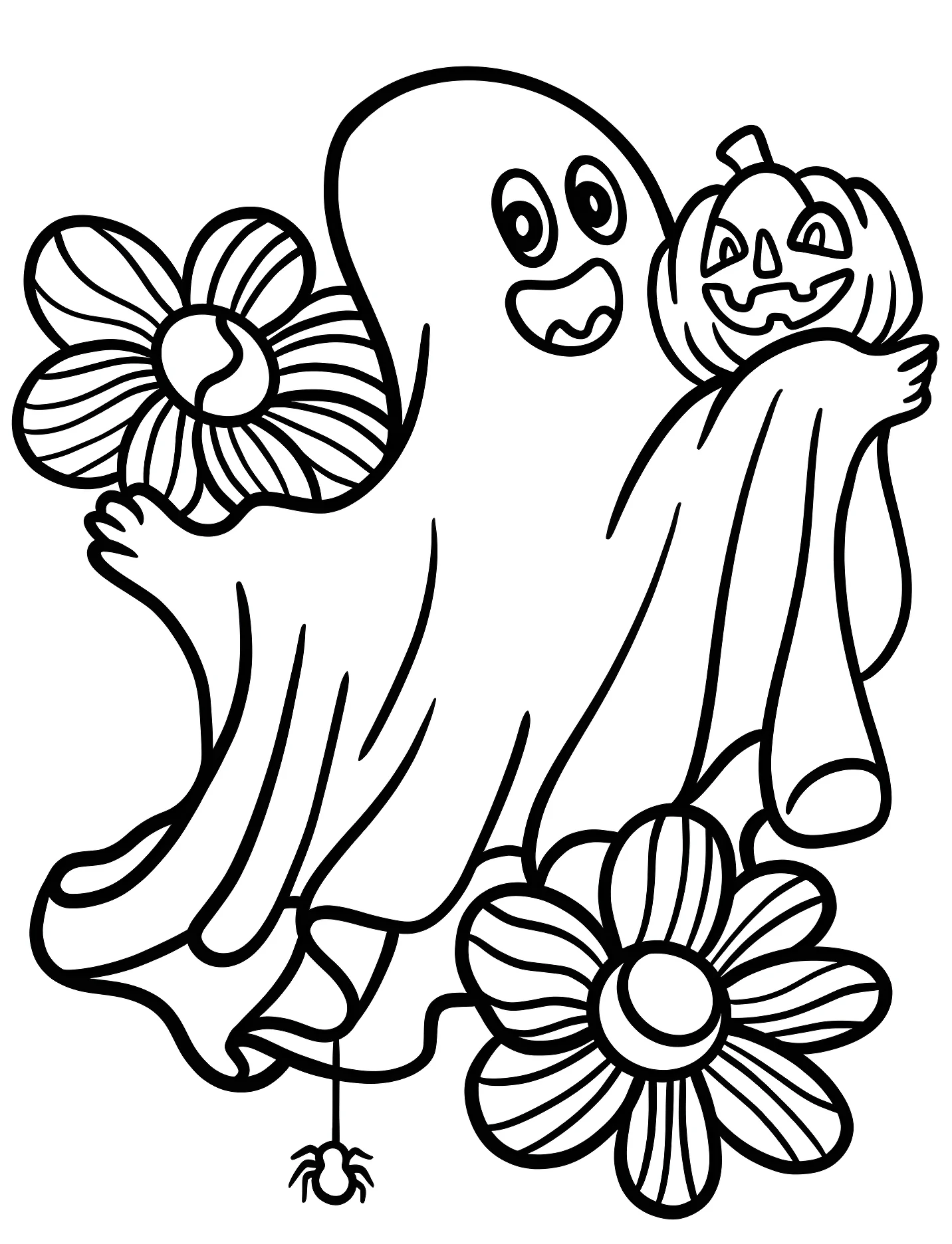 Забавный призрак с тыквой и цветами №16768. Хэллоуин (Halloween). Привидения.