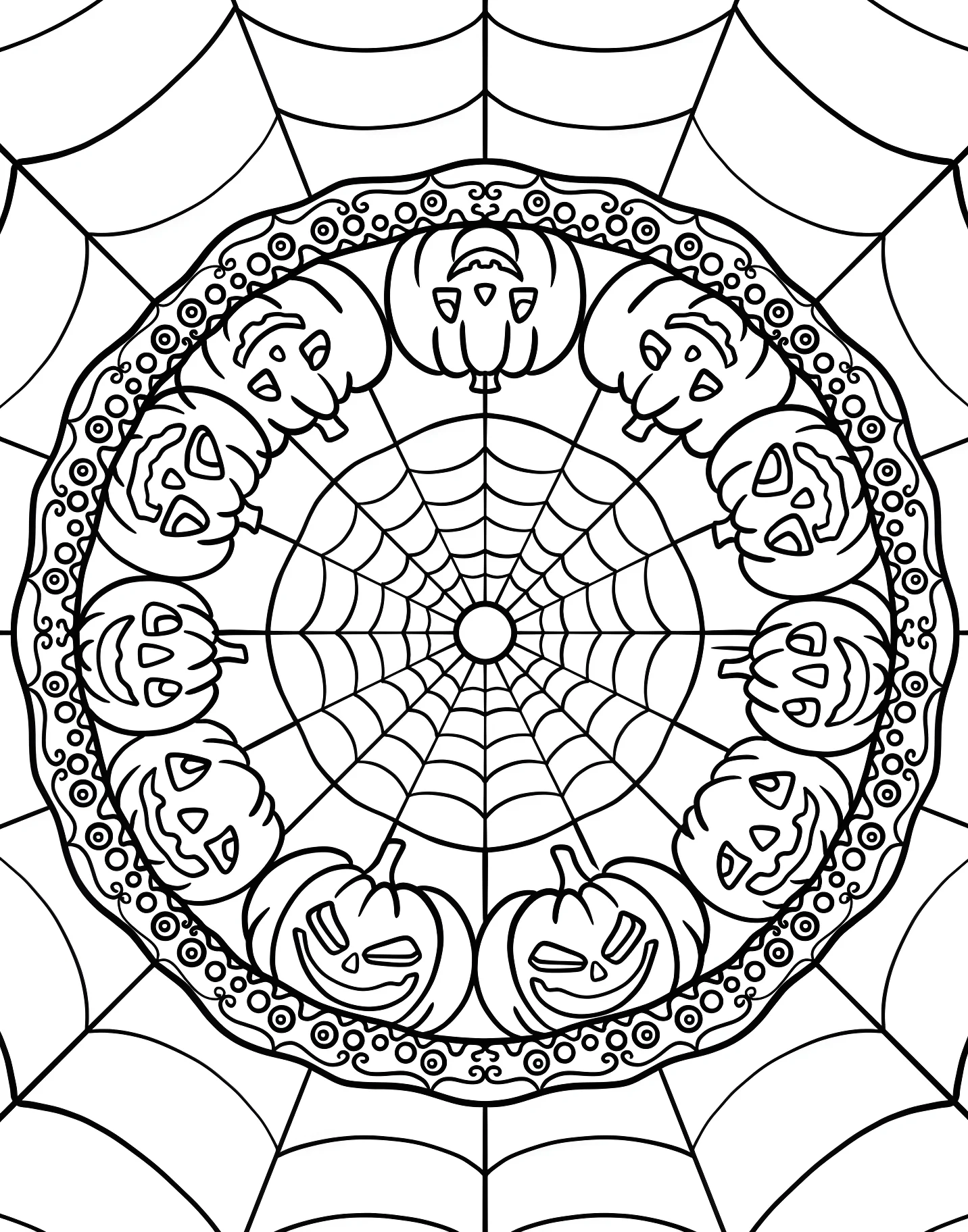 Забавные тыквы на паутине для детей №16953. Хэллоуин (Halloween). Мандалы на Хэллоуин.
