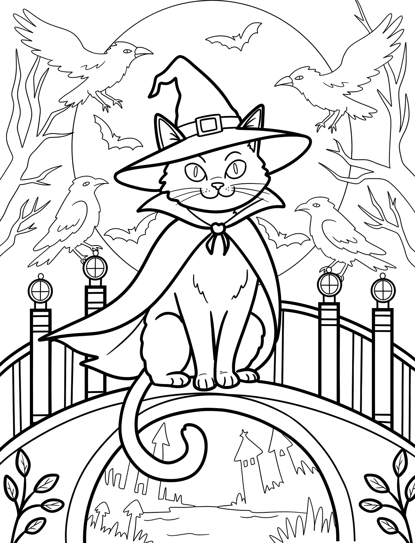 Забавный кот в костюме ведьмы на мосту №16904. Хэллоуин (Halloween). Хэллоуинские кошки.