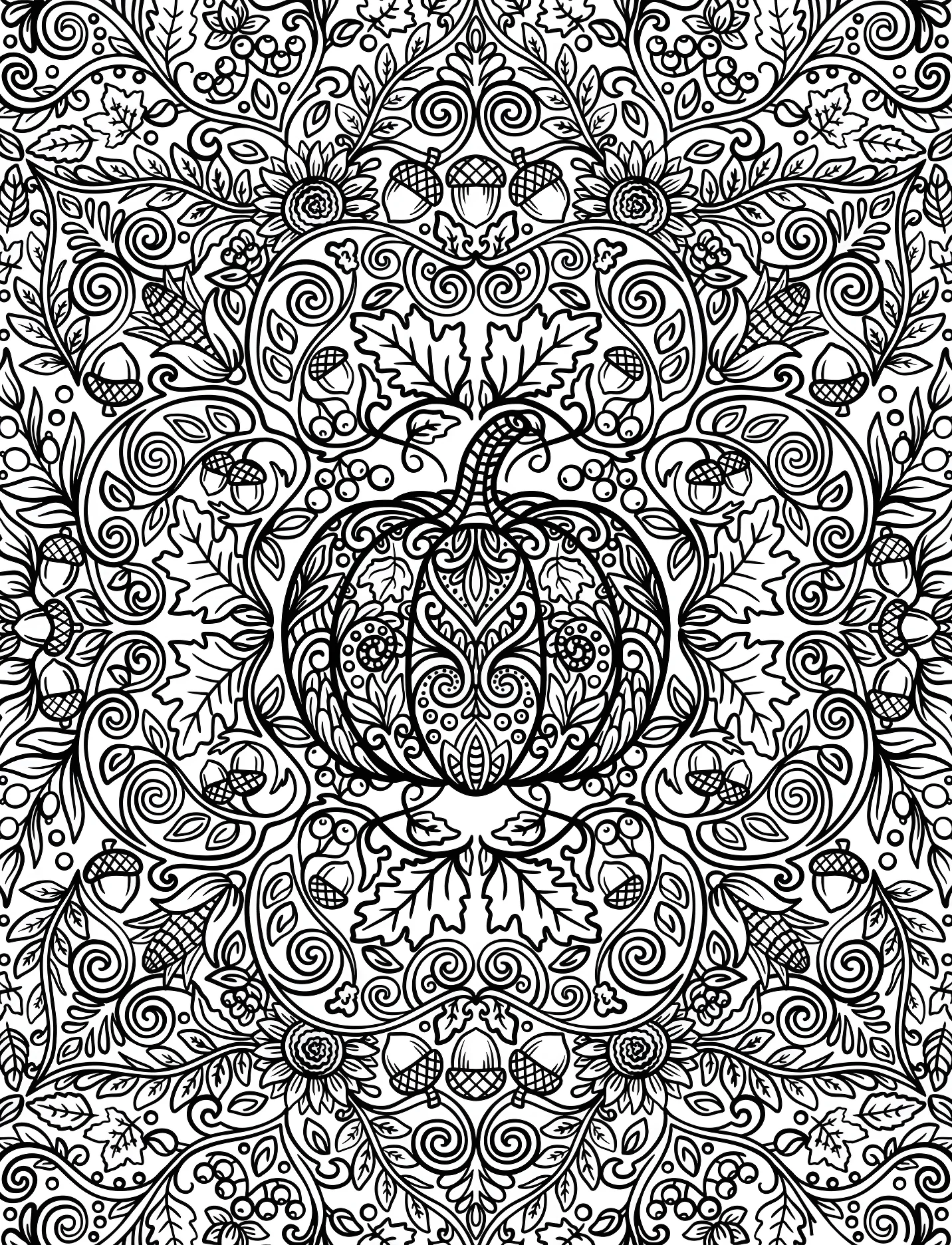 Тыквенный мандала с желудями и листьями №17427. Хэллоуин (Halloween). Тыквы.