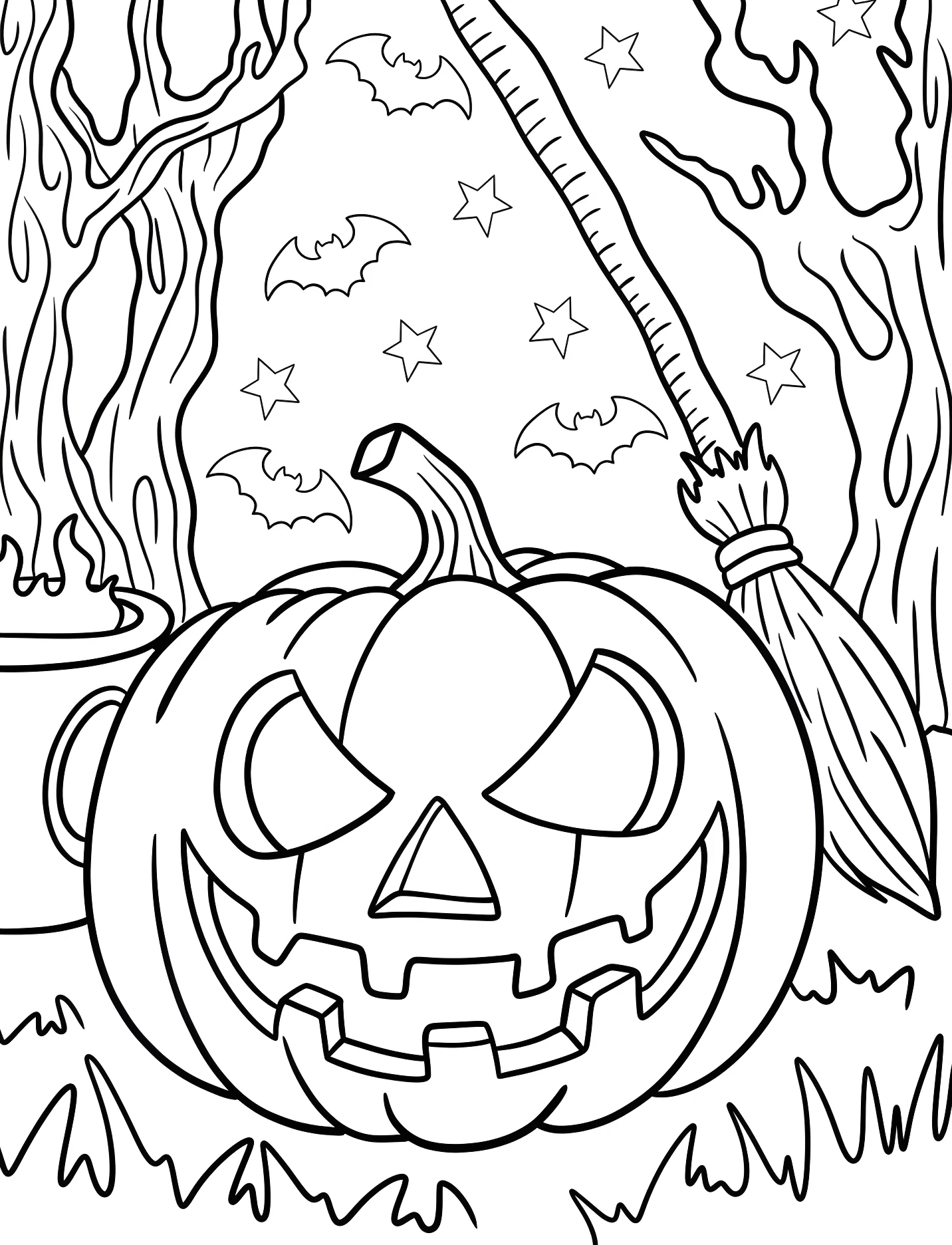 Тыквенный фонарь и метла в жутком лесу №17111. Хэллоуин (Halloween). Светильники Джека.