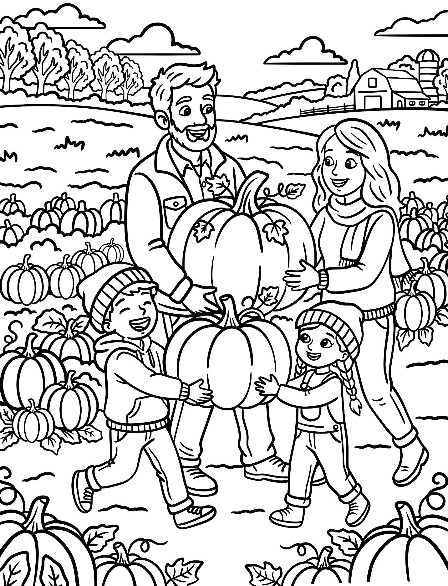 Семья выбирает тыквы осенью для детей №17428. Хэллоуин (Halloween). Тыквы.
