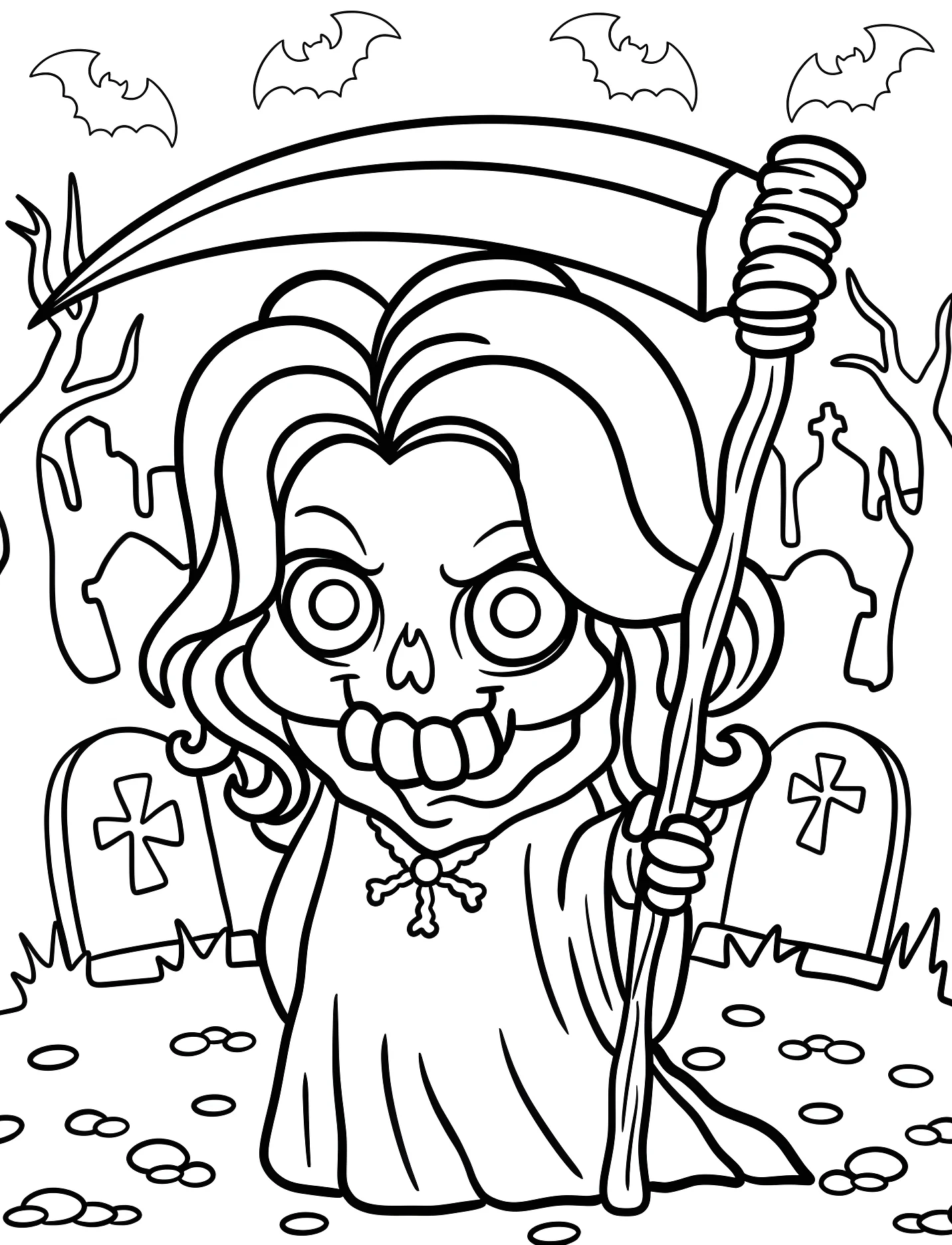 Женщина-смерть в кладбище для детей №16866. Хэллоуин (Halloween). Мрачный жнец.