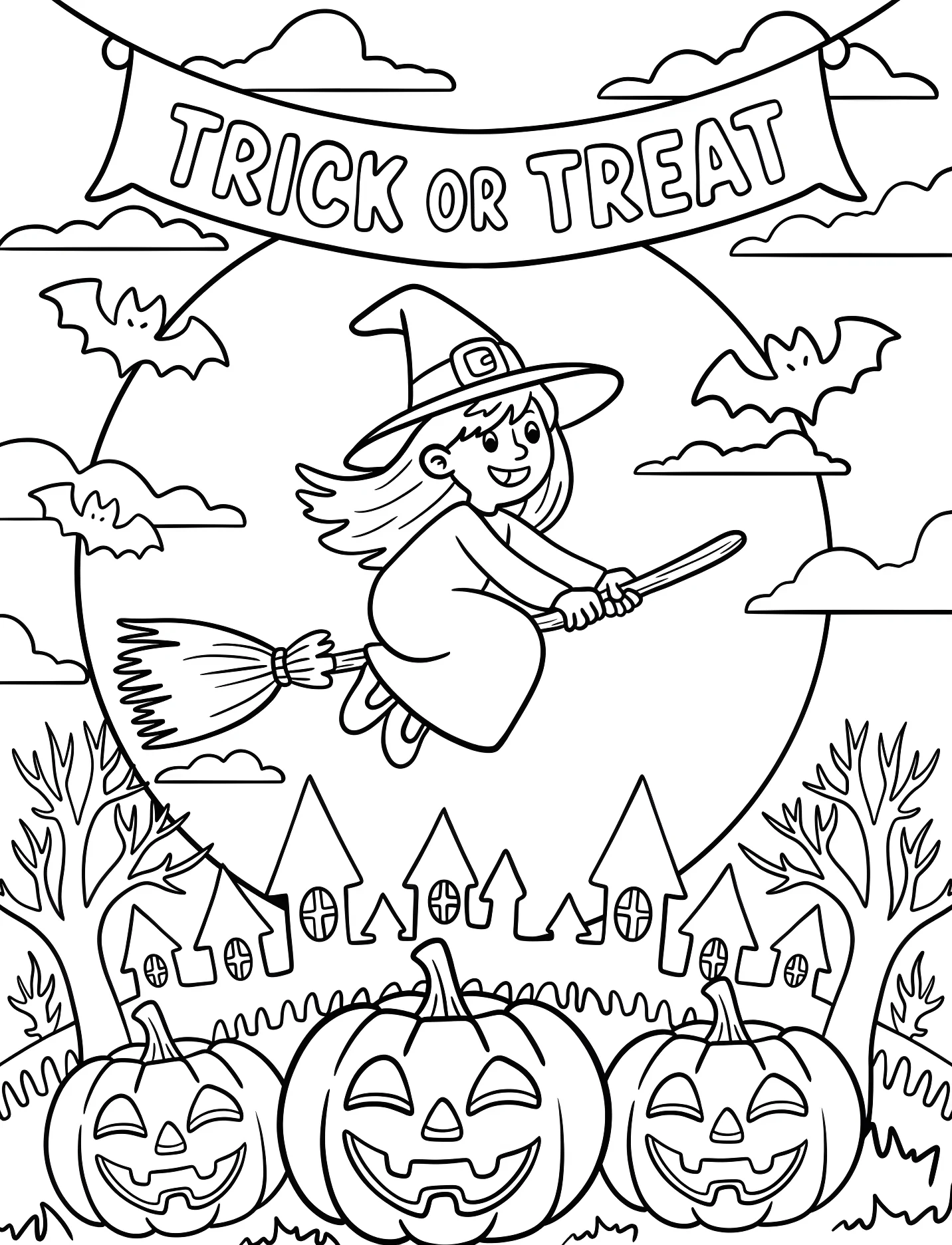 Веселая ведьма летит на метле с угощениями №17661. Хэллоуин (Halloween). Кошелек или жизнь.