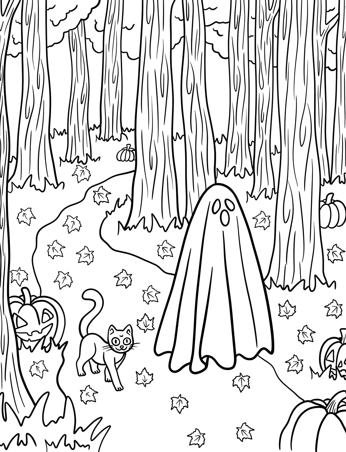 Привидение и кошка в осеннем лесу №16778. Хэллоуин (Halloween). Привидения.