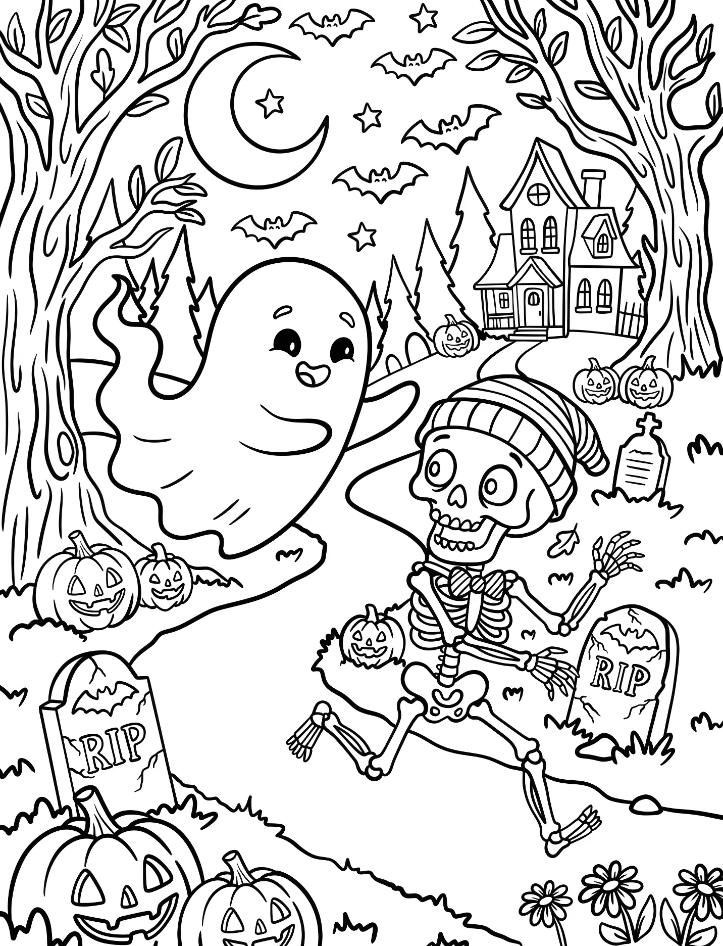 Забавный призрак и скелет в замке №16780. Хэллоуин (Halloween). Привидения.