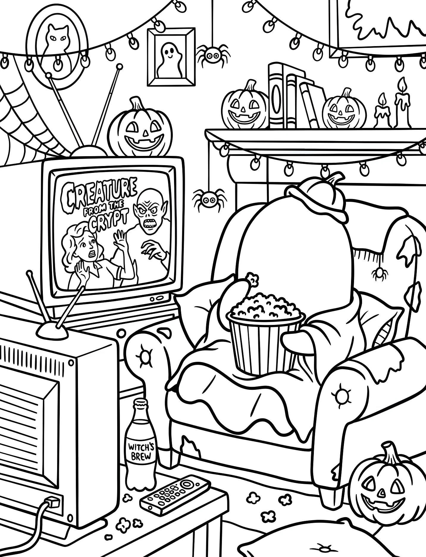 Привидение смотрит фильм с попкорном для детей №16781. Хэллоуин (Halloween). Привидения.