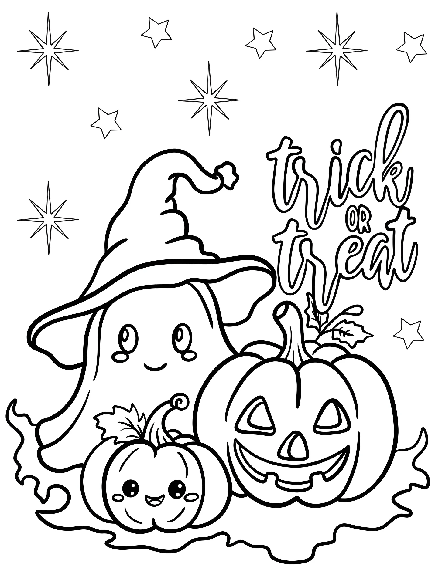 Привидение в шляпе ведьмы с тыквами для детей №17663. Хэллоуин (Halloween). Кошелек или жизнь.