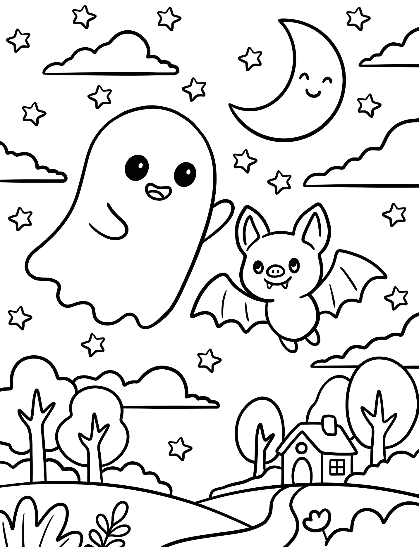 Милое привидение и летучая мышь в ночном небе №16777. Хэллоуин (Halloween). Привидения.