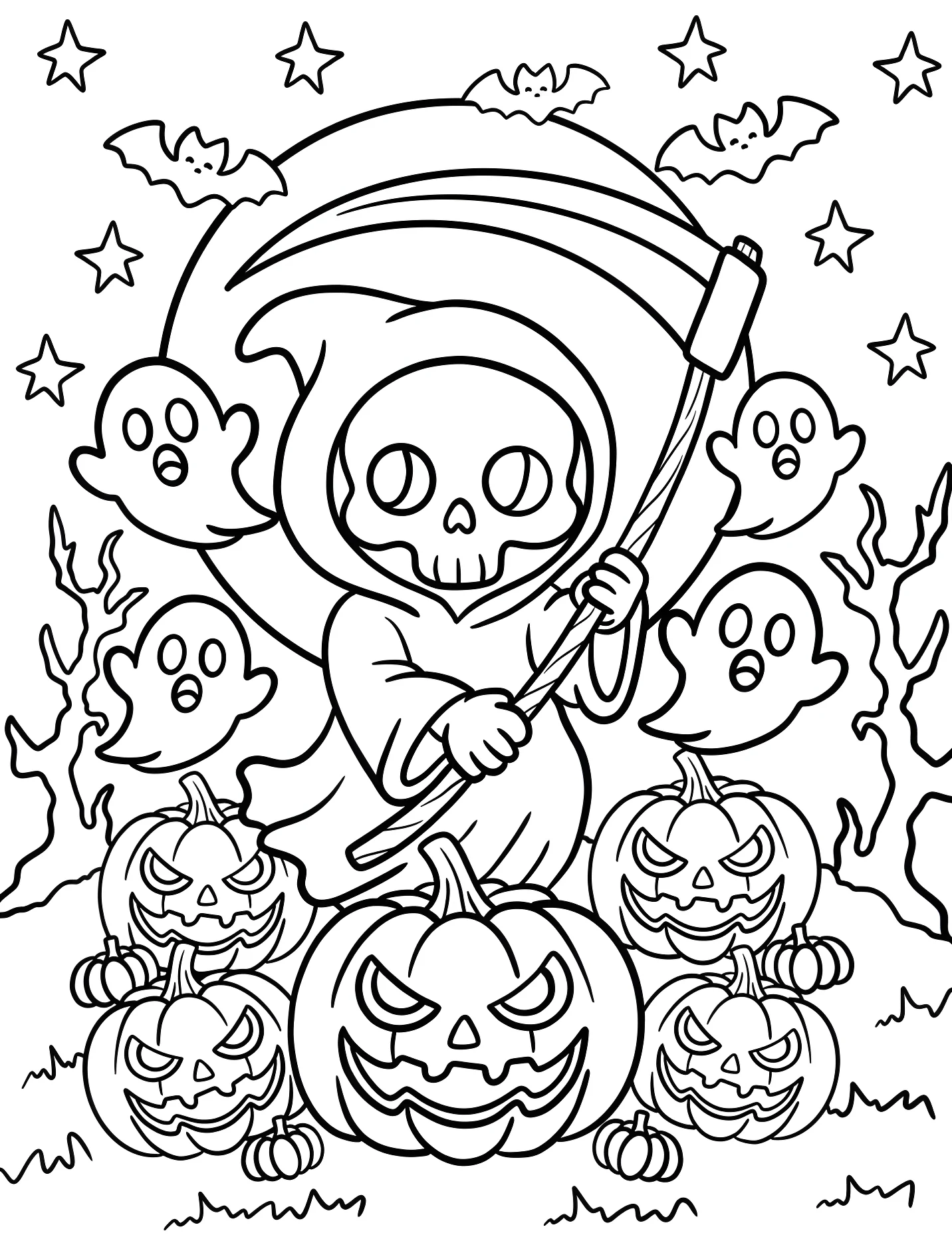 Смерть с тыквами и привидениями для детей №16868. Хэллоуин (Halloween). Мрачный жнец.