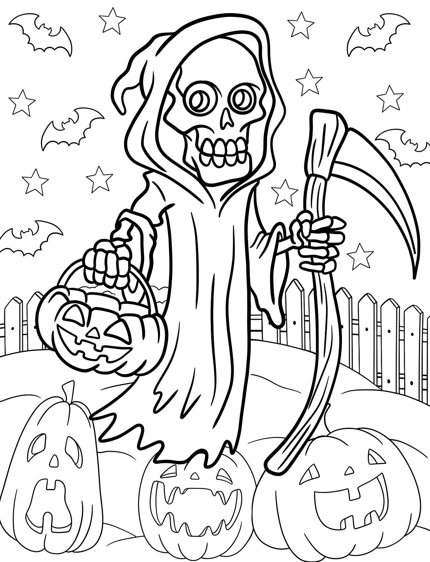 Смерть с косой и тыквы для детей №16872. Хэллоуин (Halloween). Мрачный жнец.