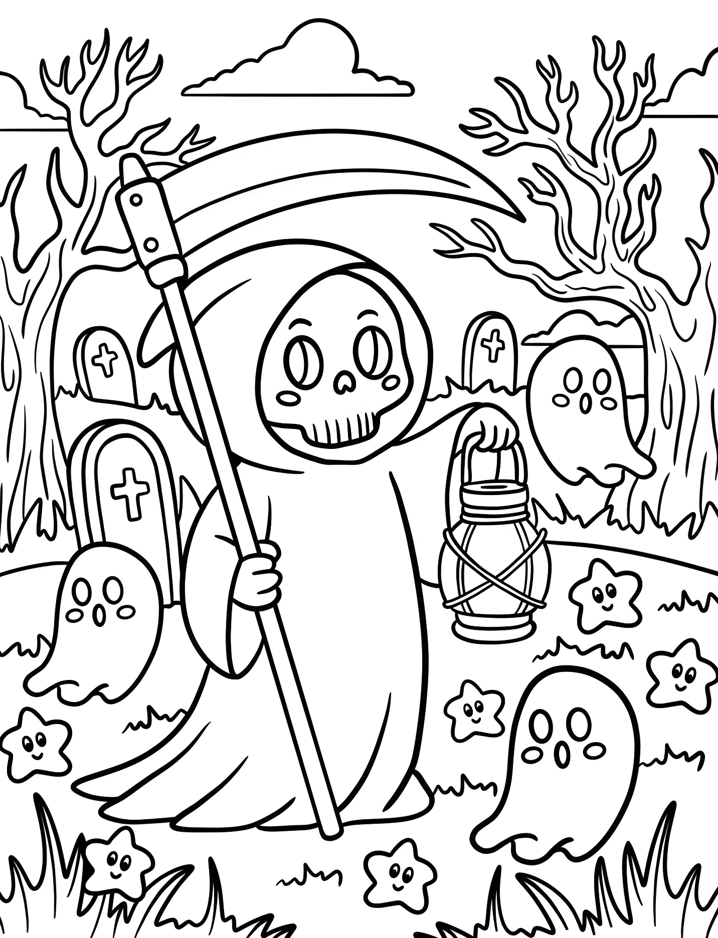 Жуткий жнец и привидения в кладбище №16881. Хэллоуин (Halloween). Мрачный жнец.