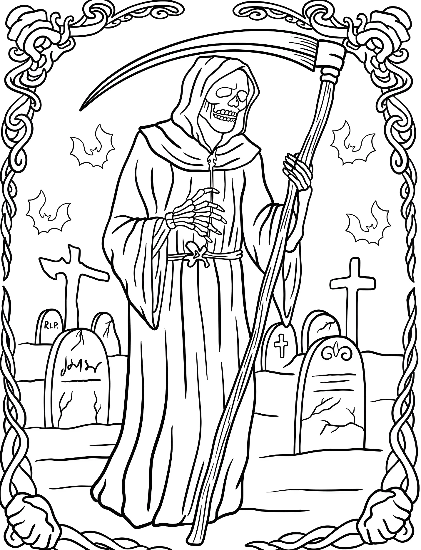 Жуткий жнец среди надгробий и летучих мышей №16882. Хэллоуин (Halloween). Мрачный жнец.