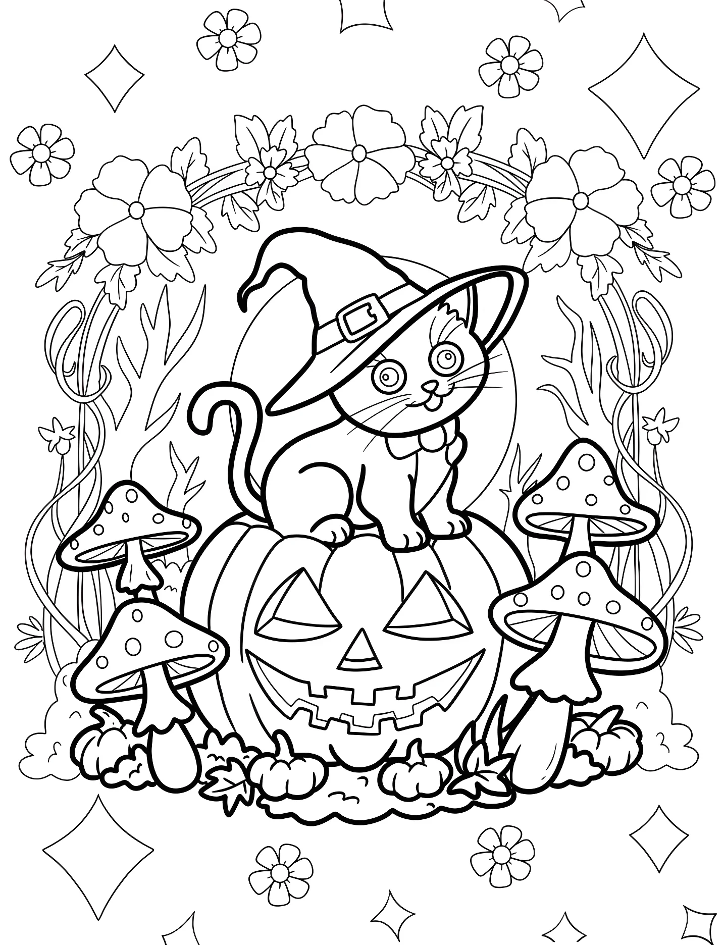 Забавный котенок в ведьминой шляпе на тыкве №16905. Хэллоуин (Halloween). Хэллоуинские кошки.