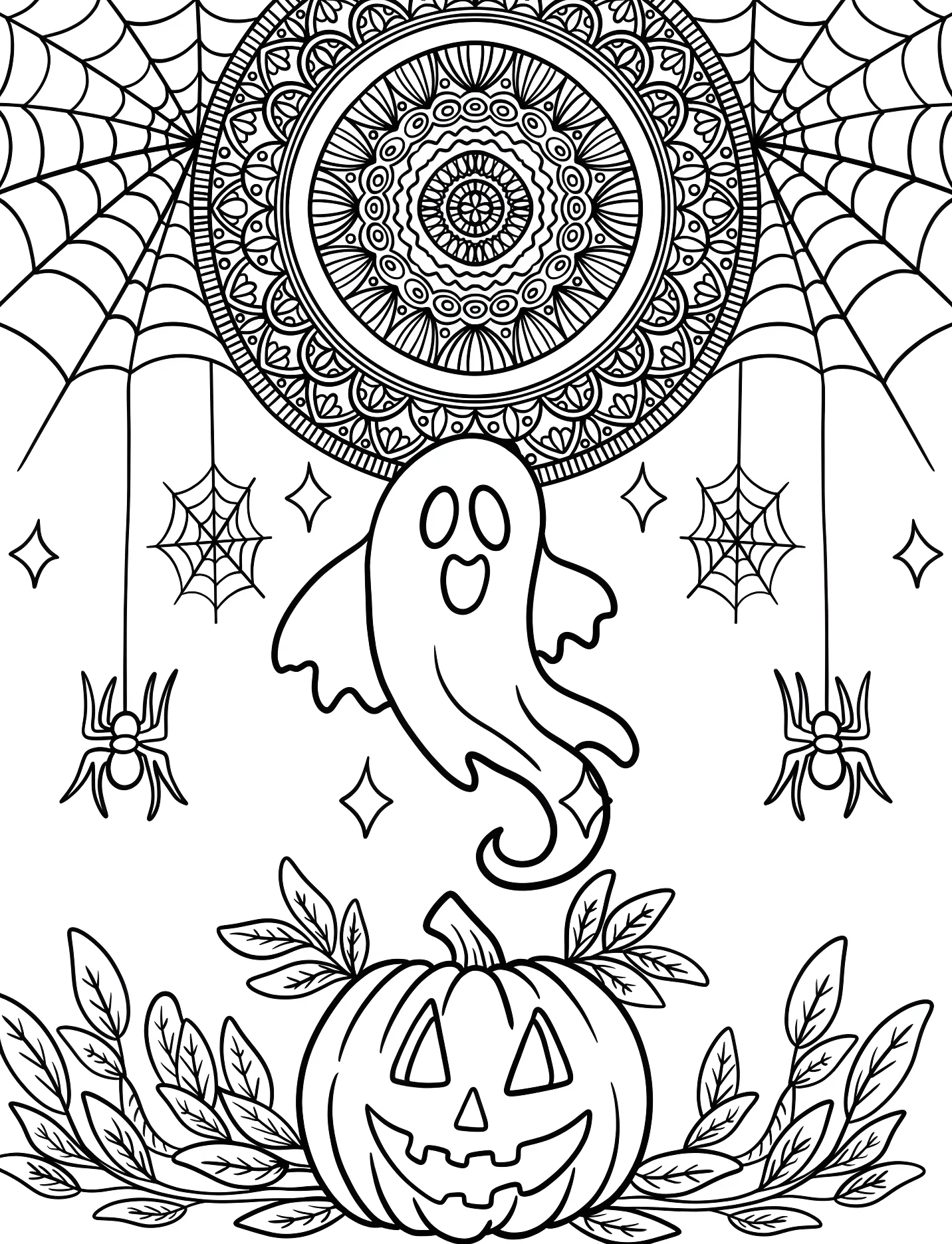 Хэллоуин: призрак и тыква среди паутины №16954. Хэллоуин (Halloween). Мандалы на Хэллоуин.