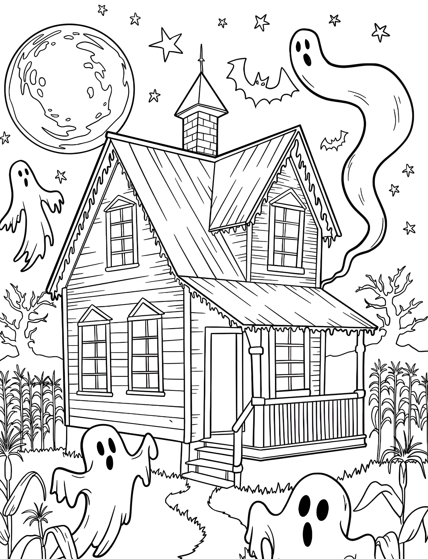 Дом с привидениями на фоне полной луны и звезд №17001. Хэллоуин (Halloween). Дом с привидениями.