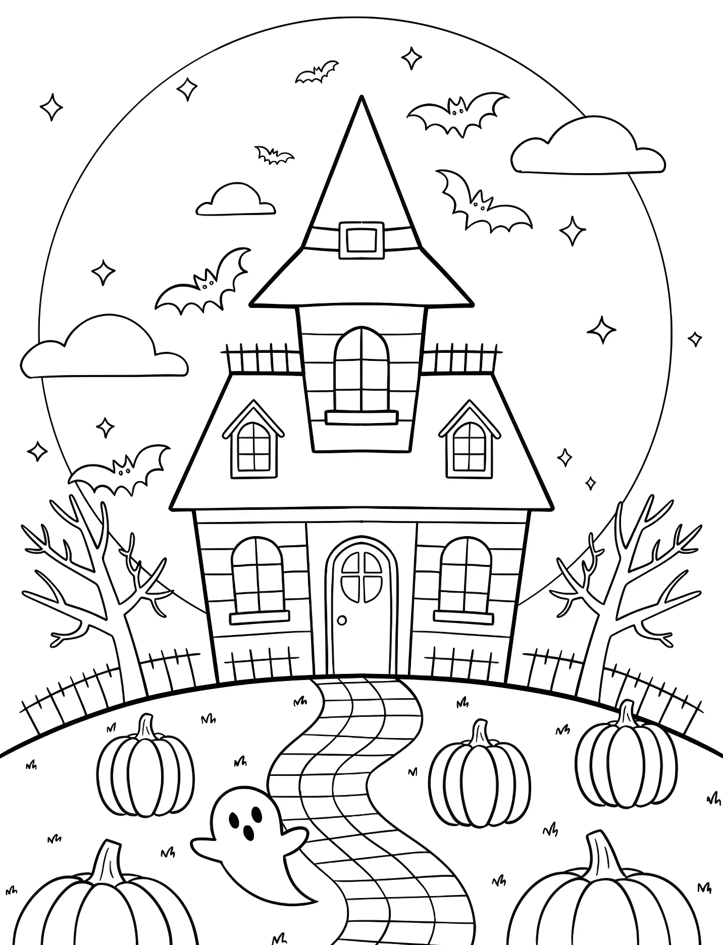 Замок на холме с тыквами и летучими мышами №17002. Хэллоуин (Halloween). Дом с привидениями.