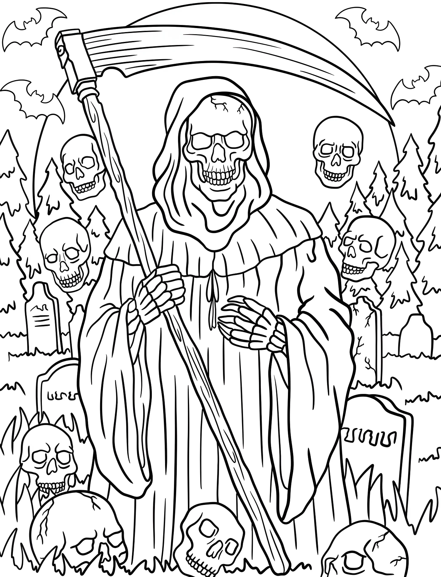 Жуткий Смерть в окружении черепов №16887. Хэллоуин (Halloween). Мрачный жнец.