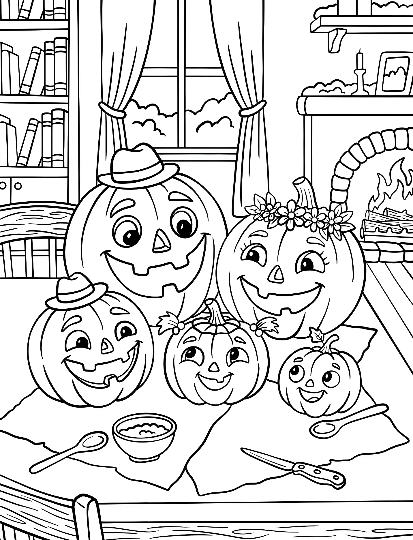 Веселая семья тыкв у камина №17118. Хэллоуин (Halloween). Светильники Джека.