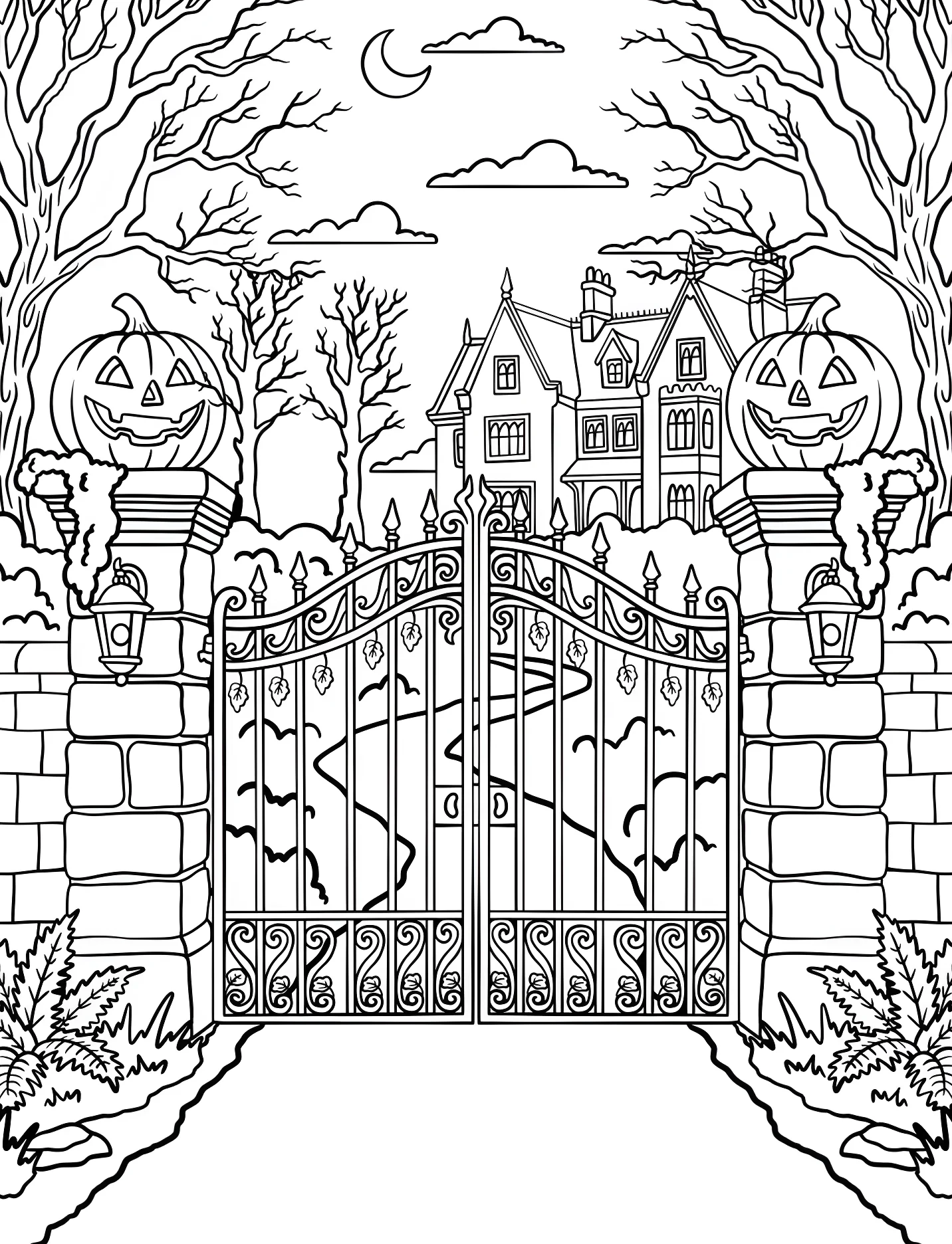 Таинственный дом и тыквы для детей №17123. Хэллоуин (Halloween). Светильники Джека.