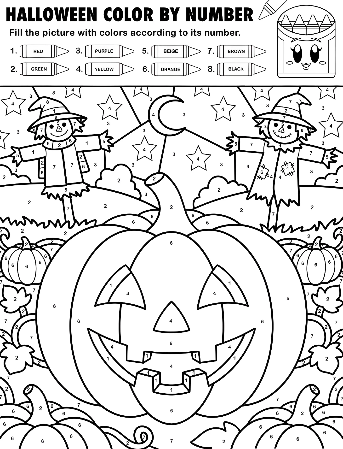 Тыква на Хэллоуин с пугалом для детей №16935. Хэллоуин (Halloween). Хэллоуин: раскраски по номерам.