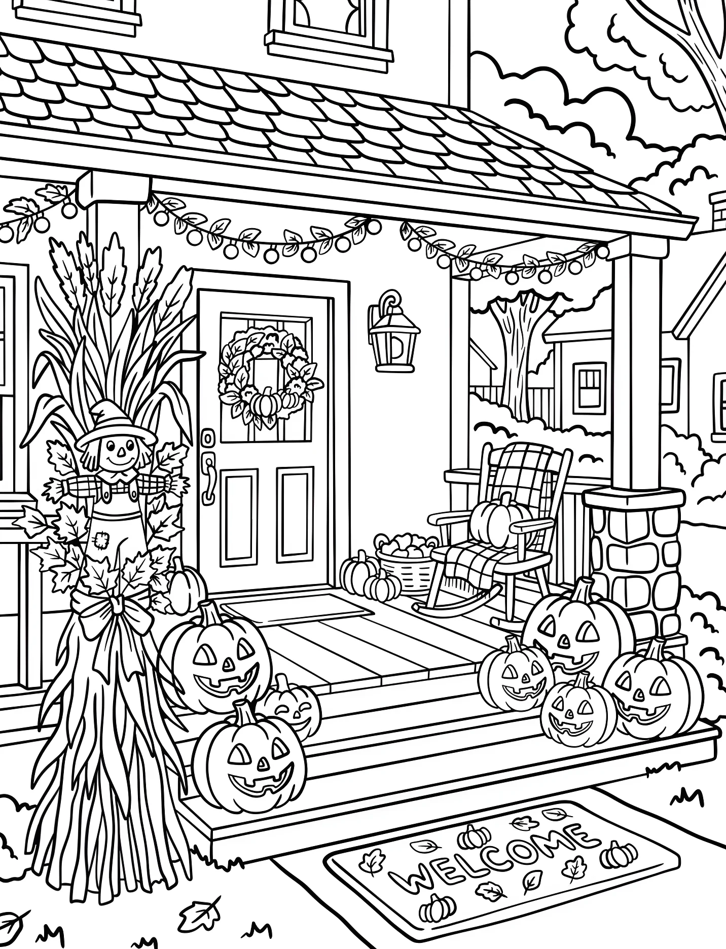 Веселый осенний дом с тыквами для детей №17135. Хэллоуин (Halloween). Светильники Джека.