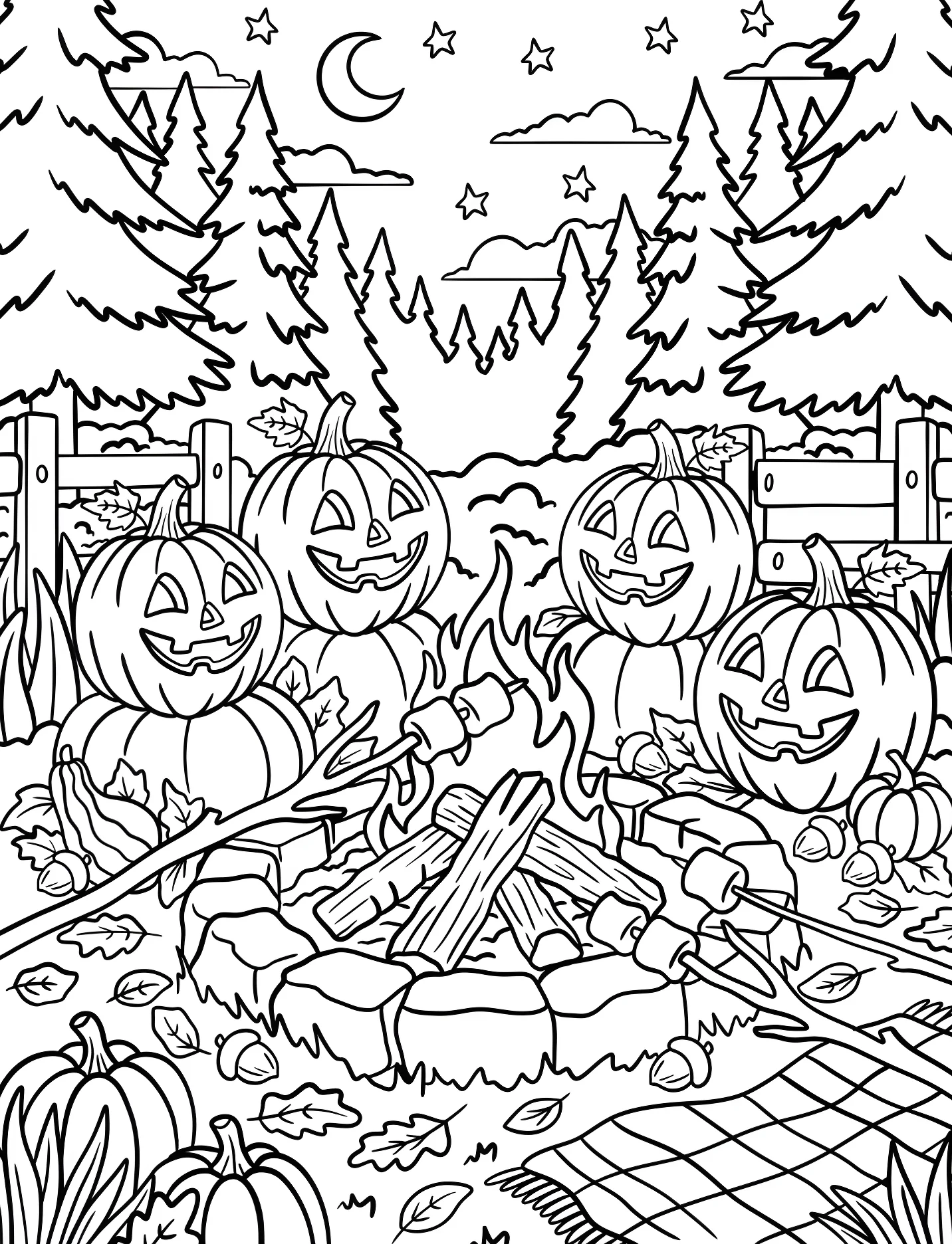 Веселые тыквы у костра для детей №17137. Хэллоуин (Halloween). Светильники Джека.