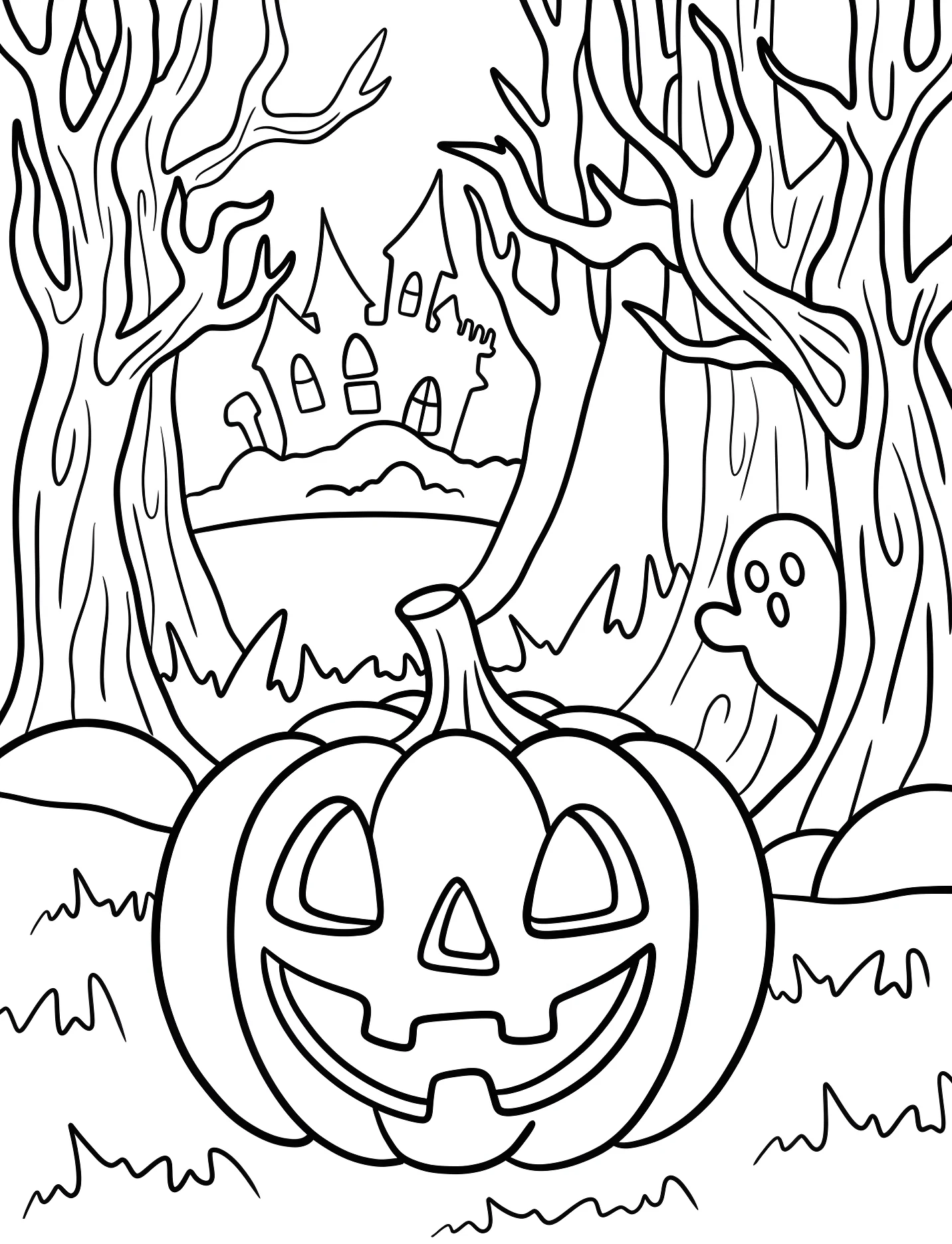 Тыква и призрак в осеннем лесу №17119. Хэллоуин (Halloween). Светильники Джека.