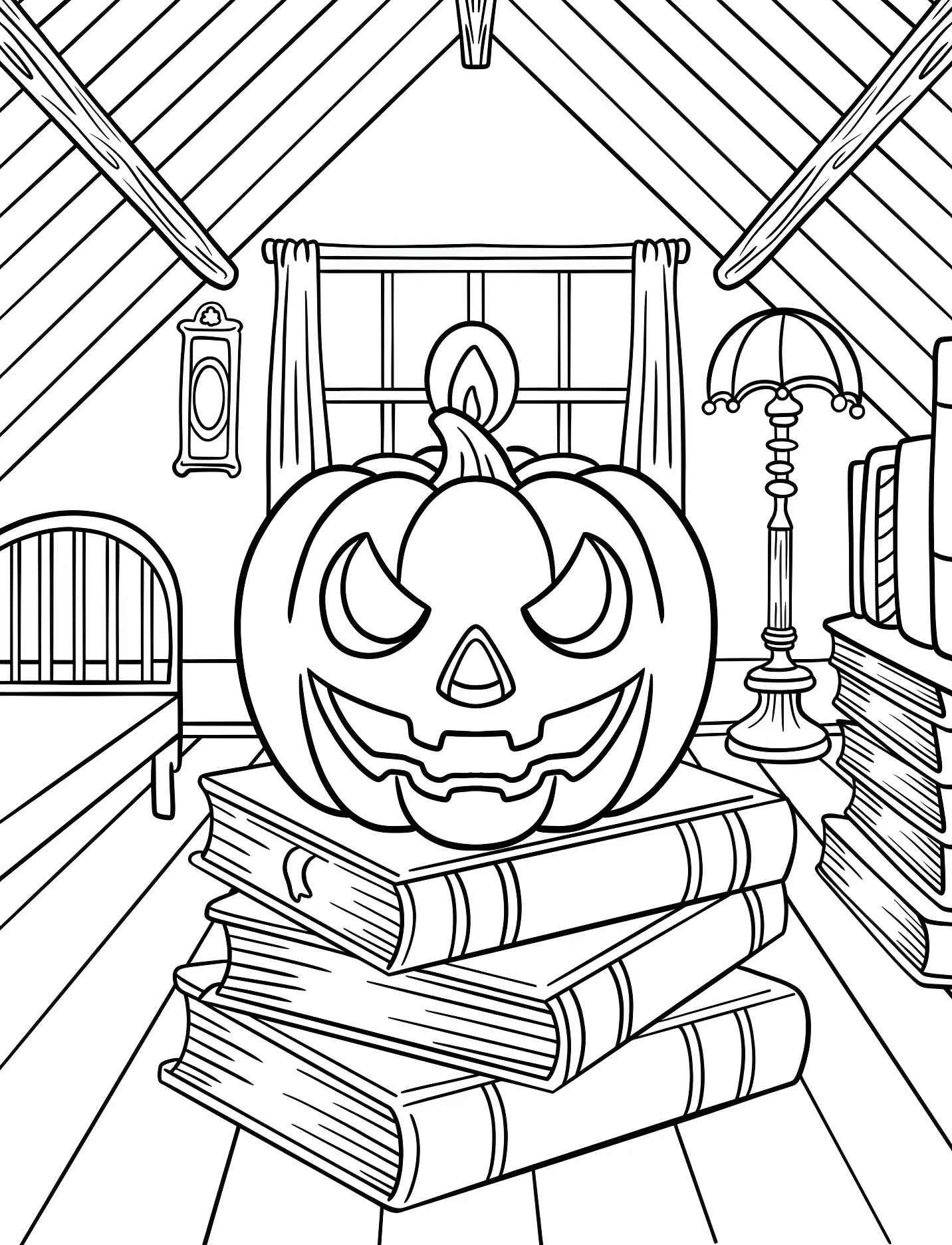 Тыква на стопке книг в старом чердаке №17120. Хэллоуин (Halloween). Светильники Джека.