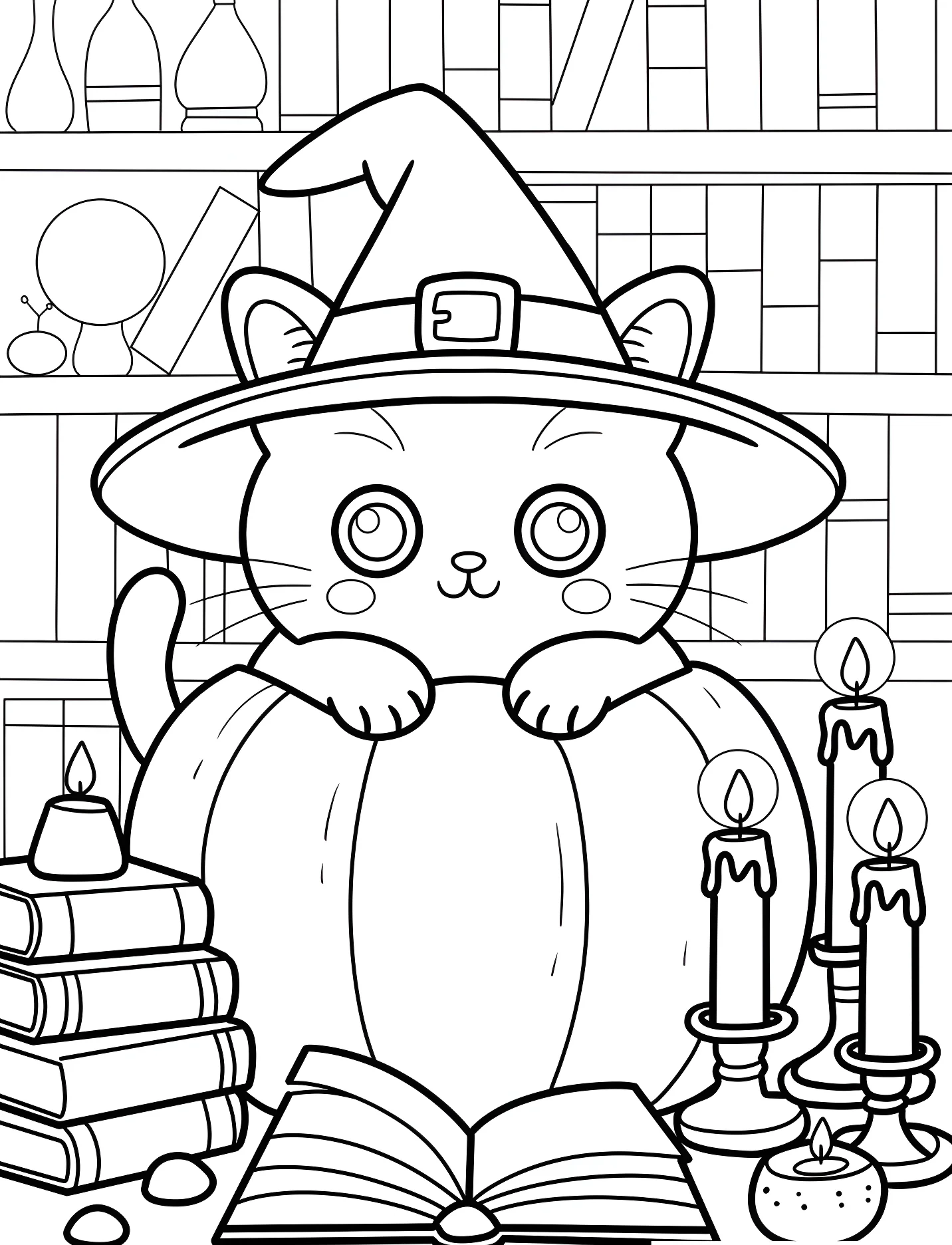 Милый котик-ведьма в книжной библиотеке №16908. Хэллоуин (Halloween). Хэллоуинские кошки.