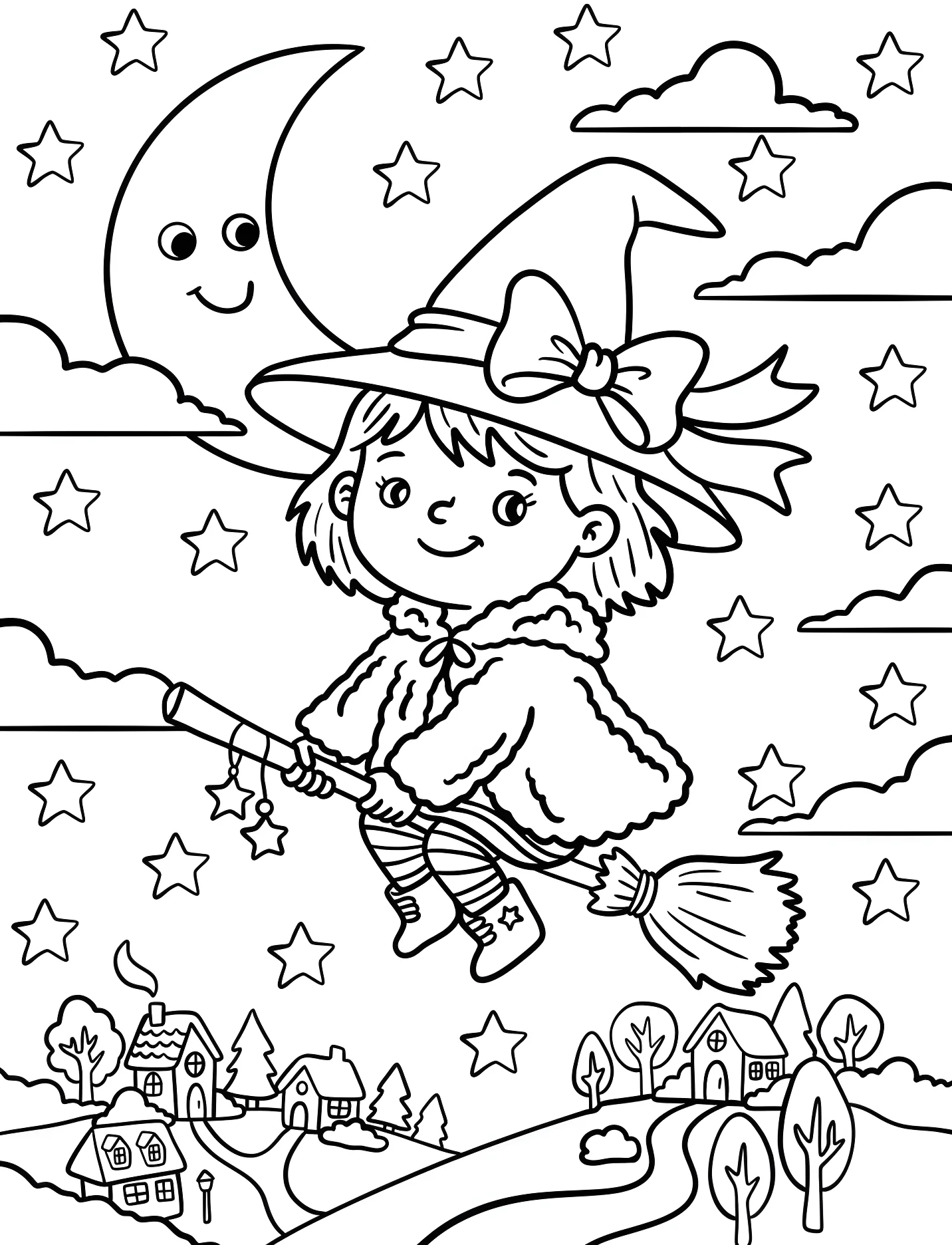 Милая ведьмочка летит на метле ночью №17807. Хэллоуин (Halloween). Ведьмы.